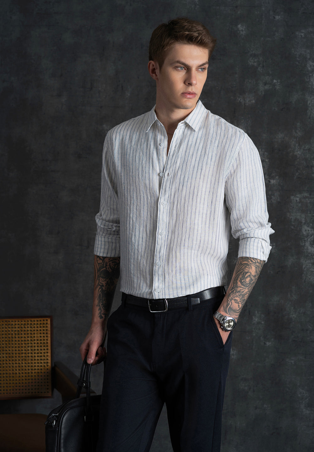 100% Linen Off-White Self-Stripe Shirt