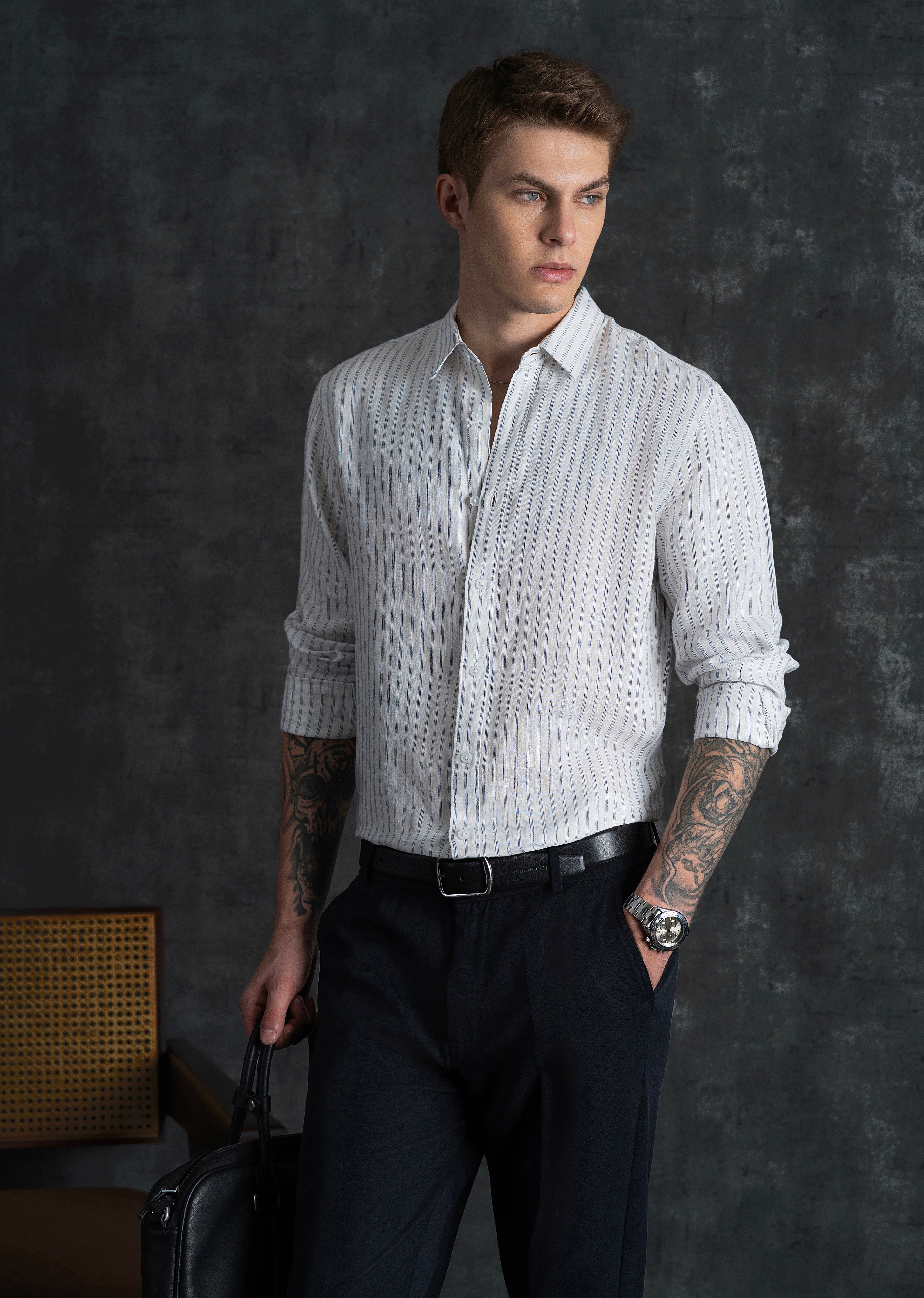 100% Linen Off-White Self-Stripe Shirt