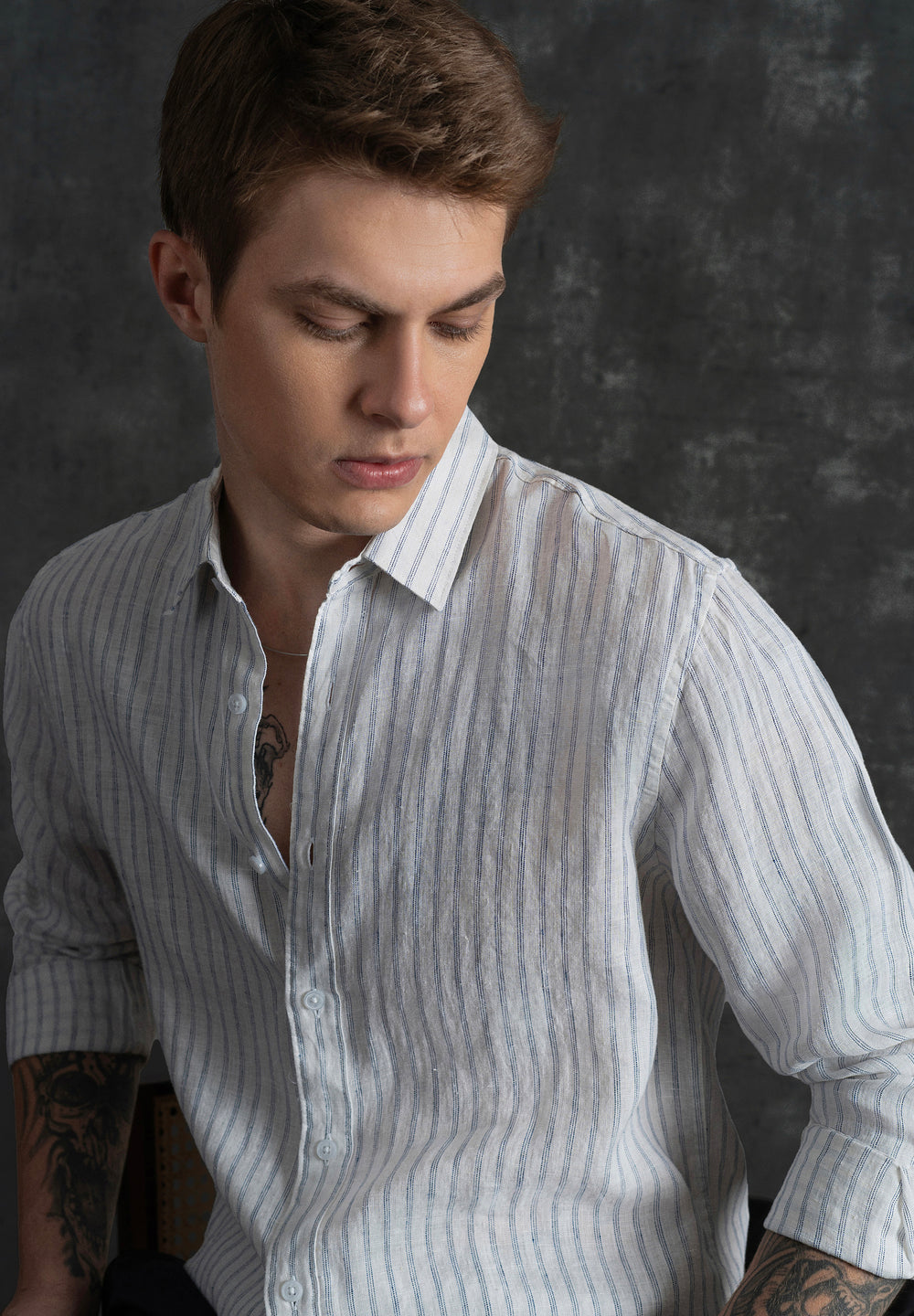 100% Linen Off-White Self-Stripe Shirt