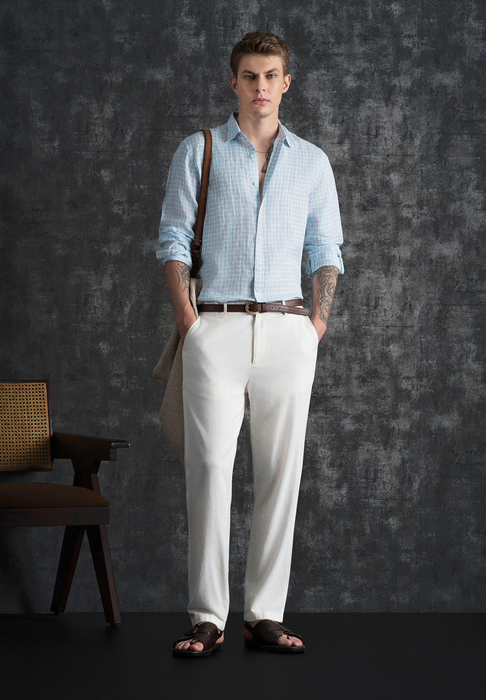 Sky Blue 100% Pure Linen Check Shirt