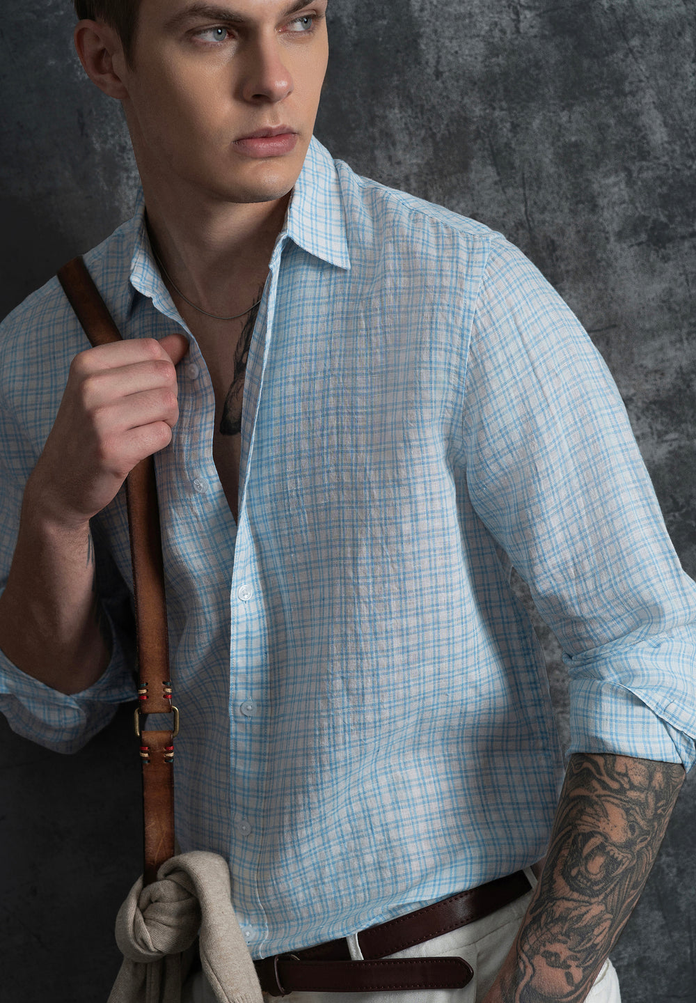 Sky Blue 100% Pure Linen Check Shirt