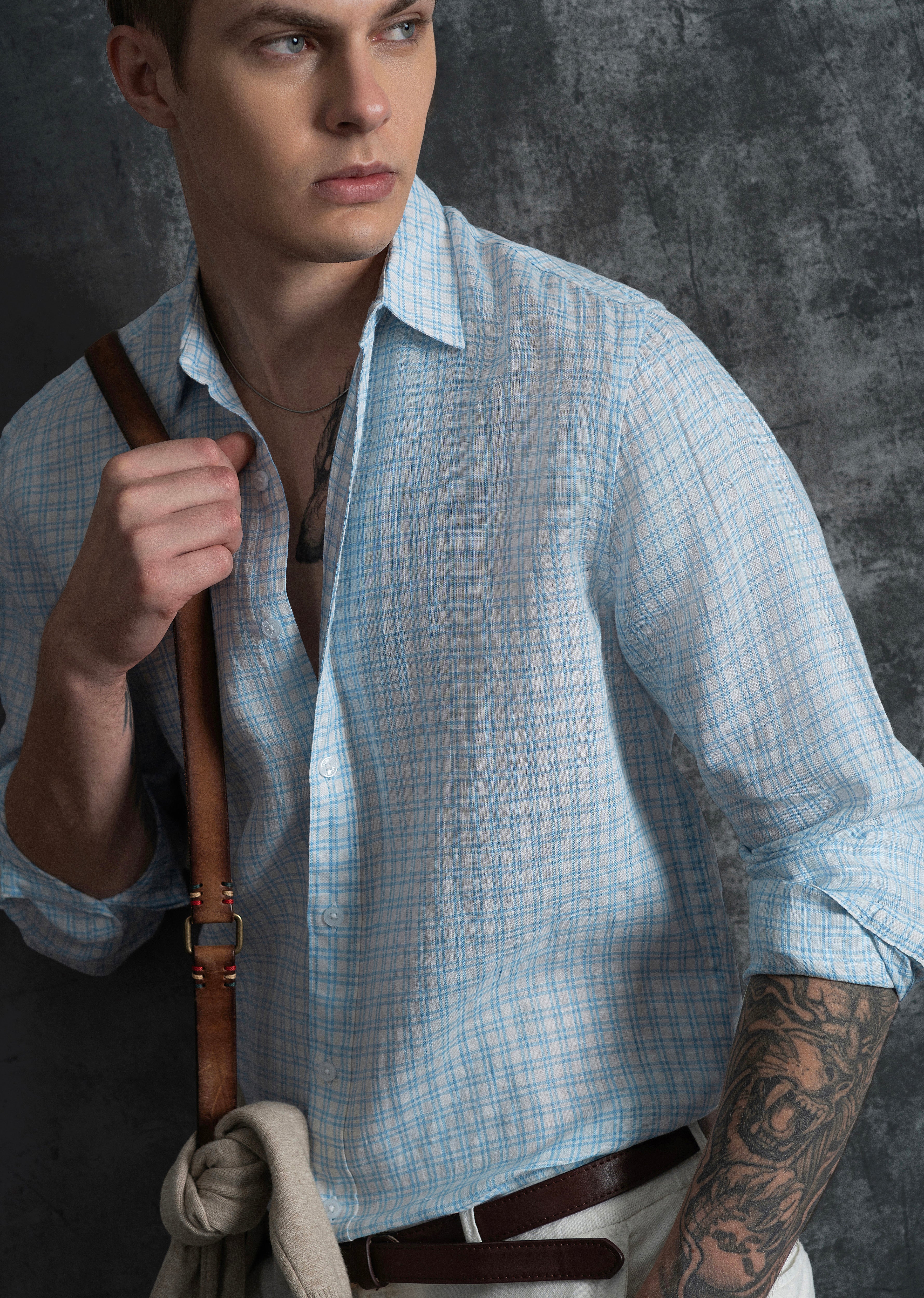 Sky Blue 100% Pure Linen Check Shirt