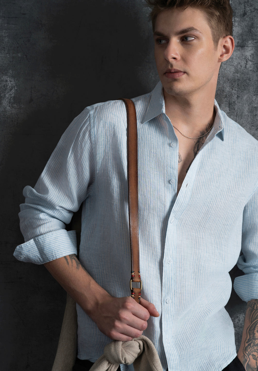 100% Linen Light Blue Self-Stripe Shirt