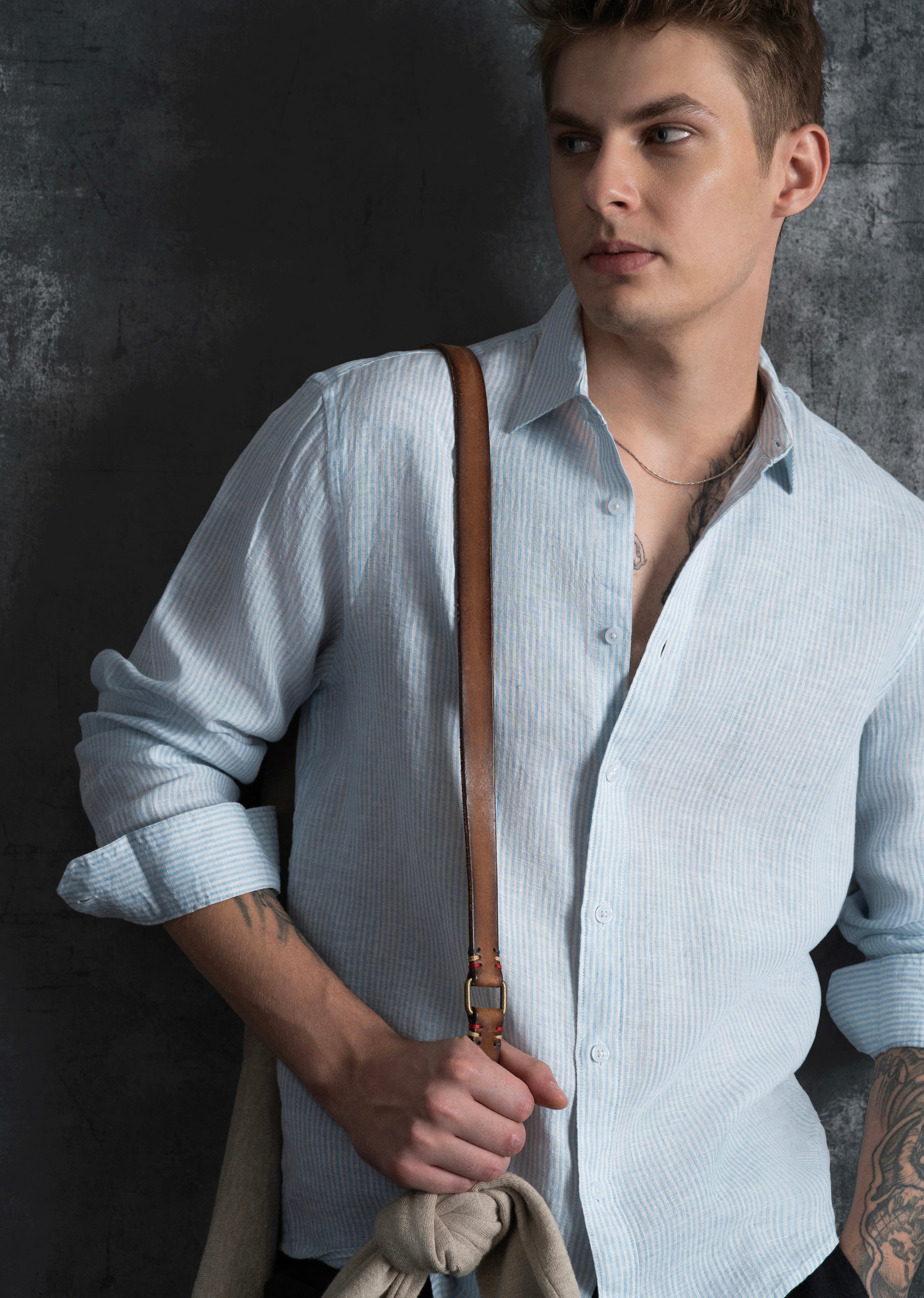 100% Linen Light Blue Self-Stripe Shirt