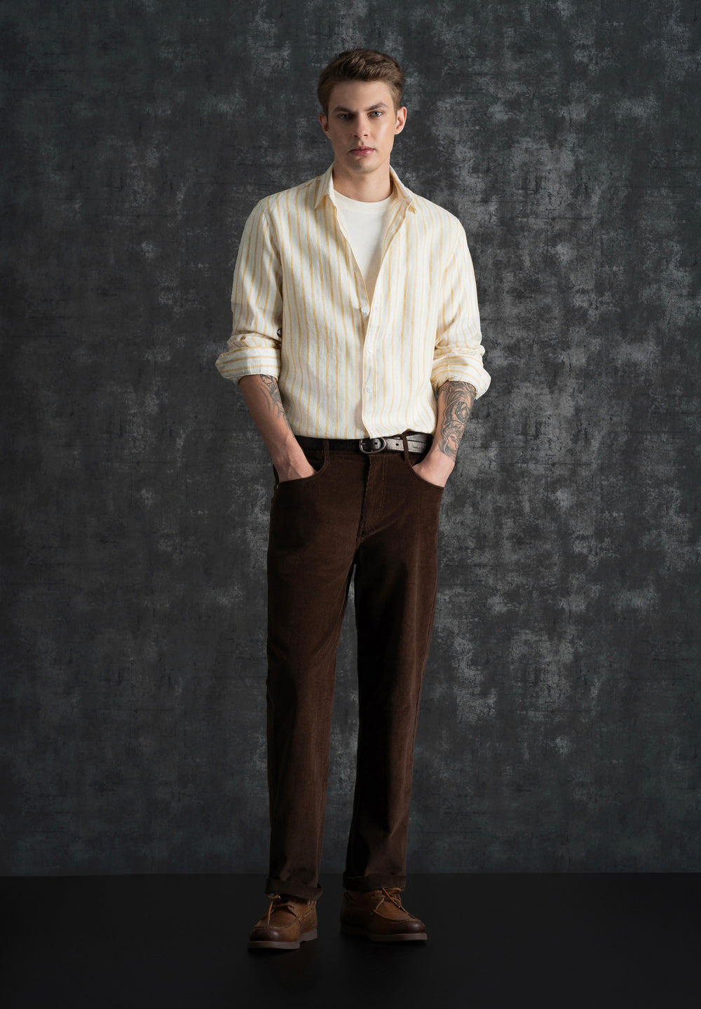 100% Linen Yellow Self-Stripe Shirt