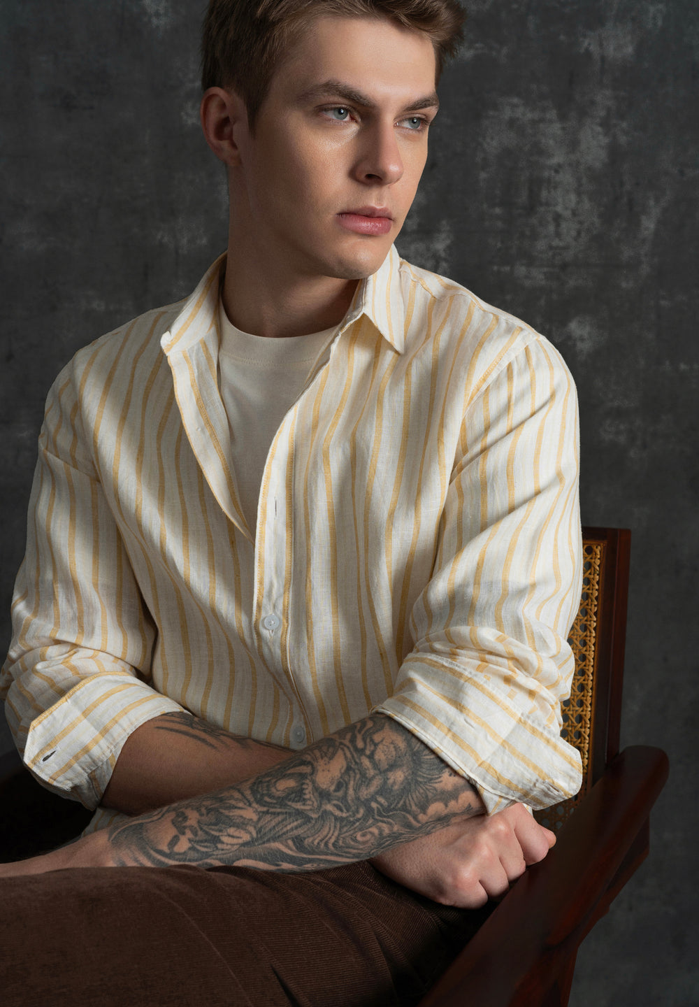 100% Linen Yellow Self-Stripe Shirt