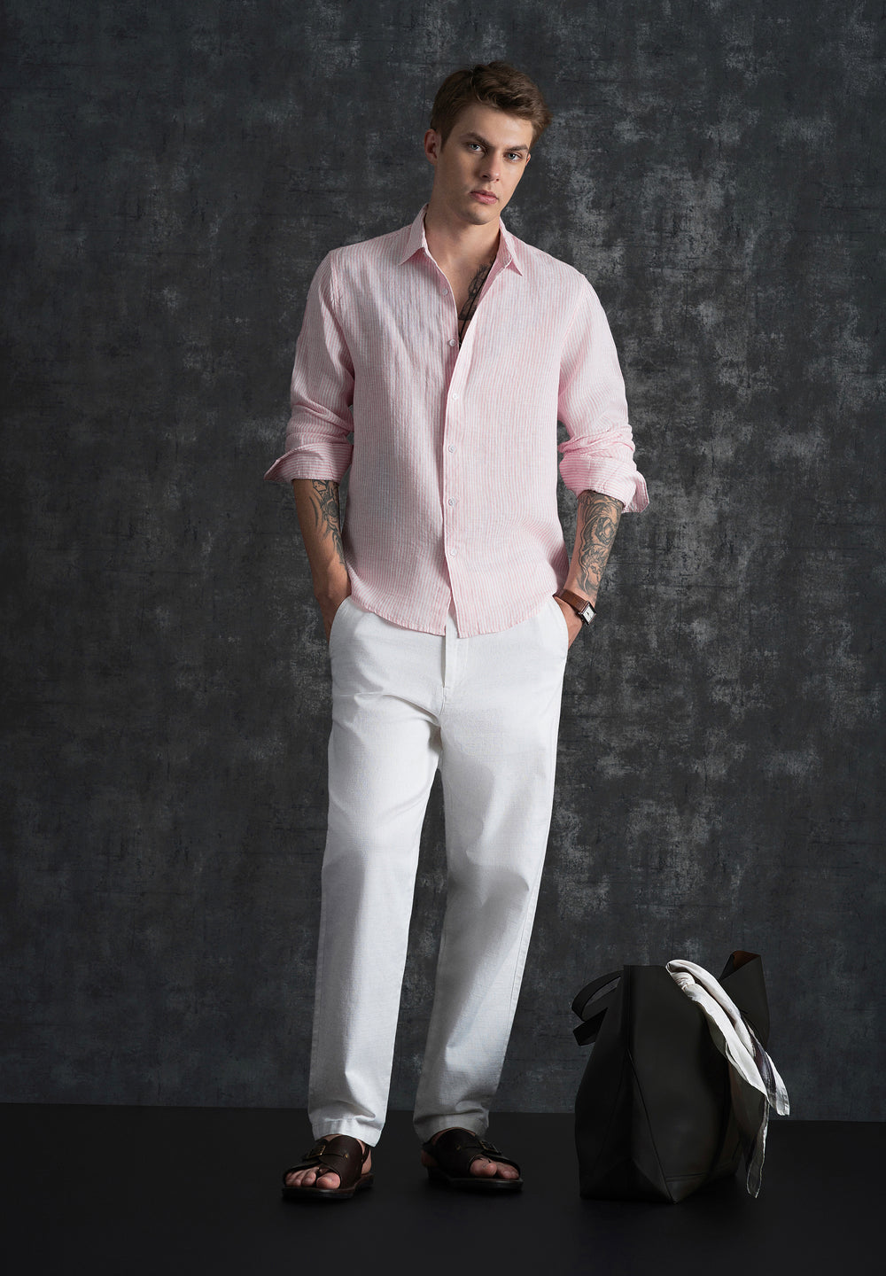100% Linen Pink Self-Stripe Shirt