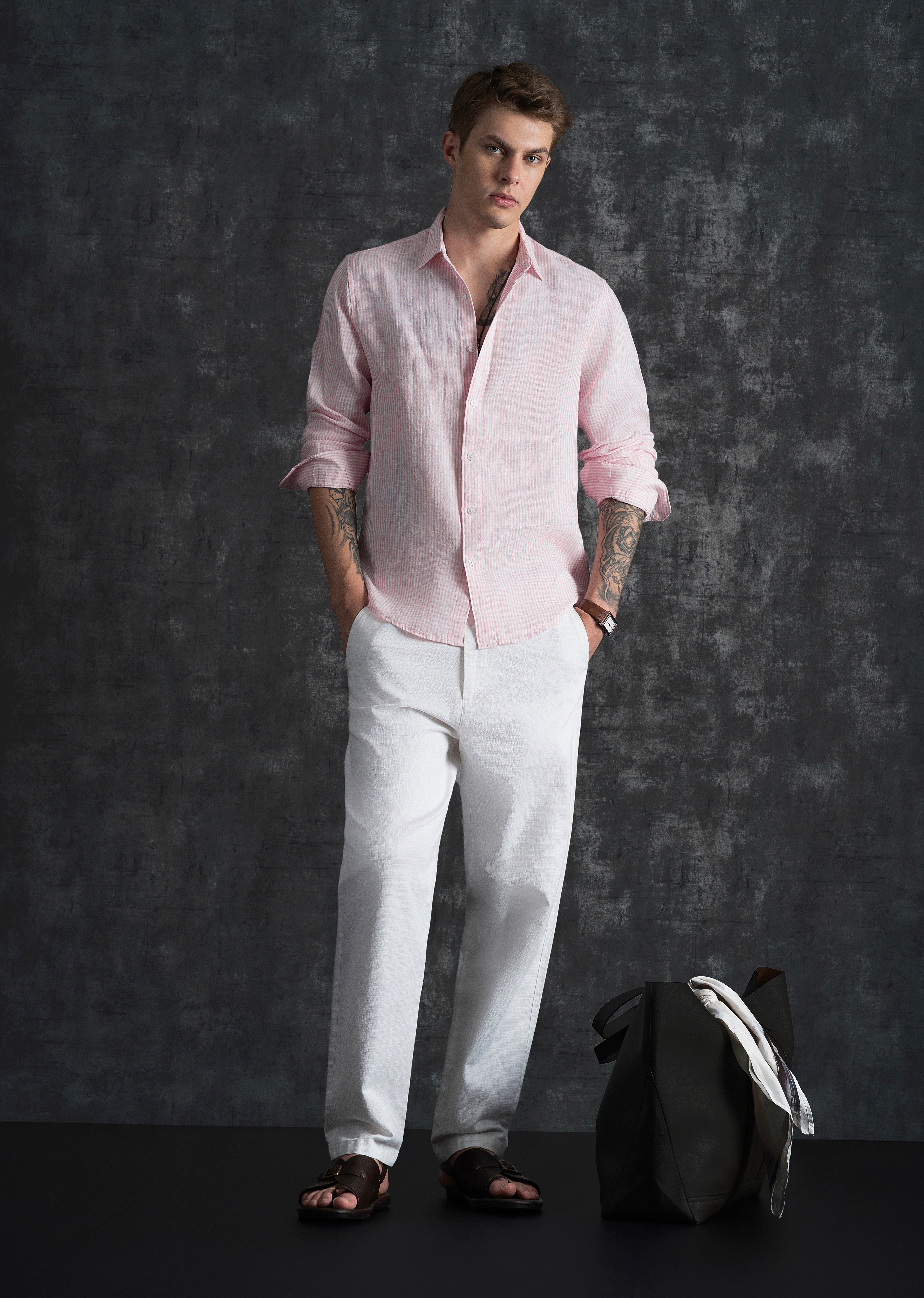 100% Linen Pink Self-Stripe Shirt