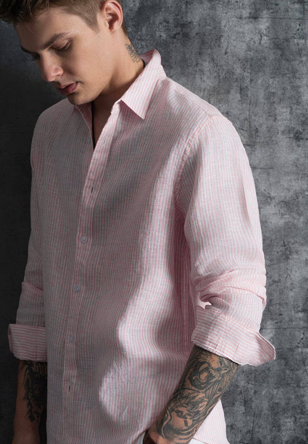 100% Linen Pink Self-Stripe Shirt