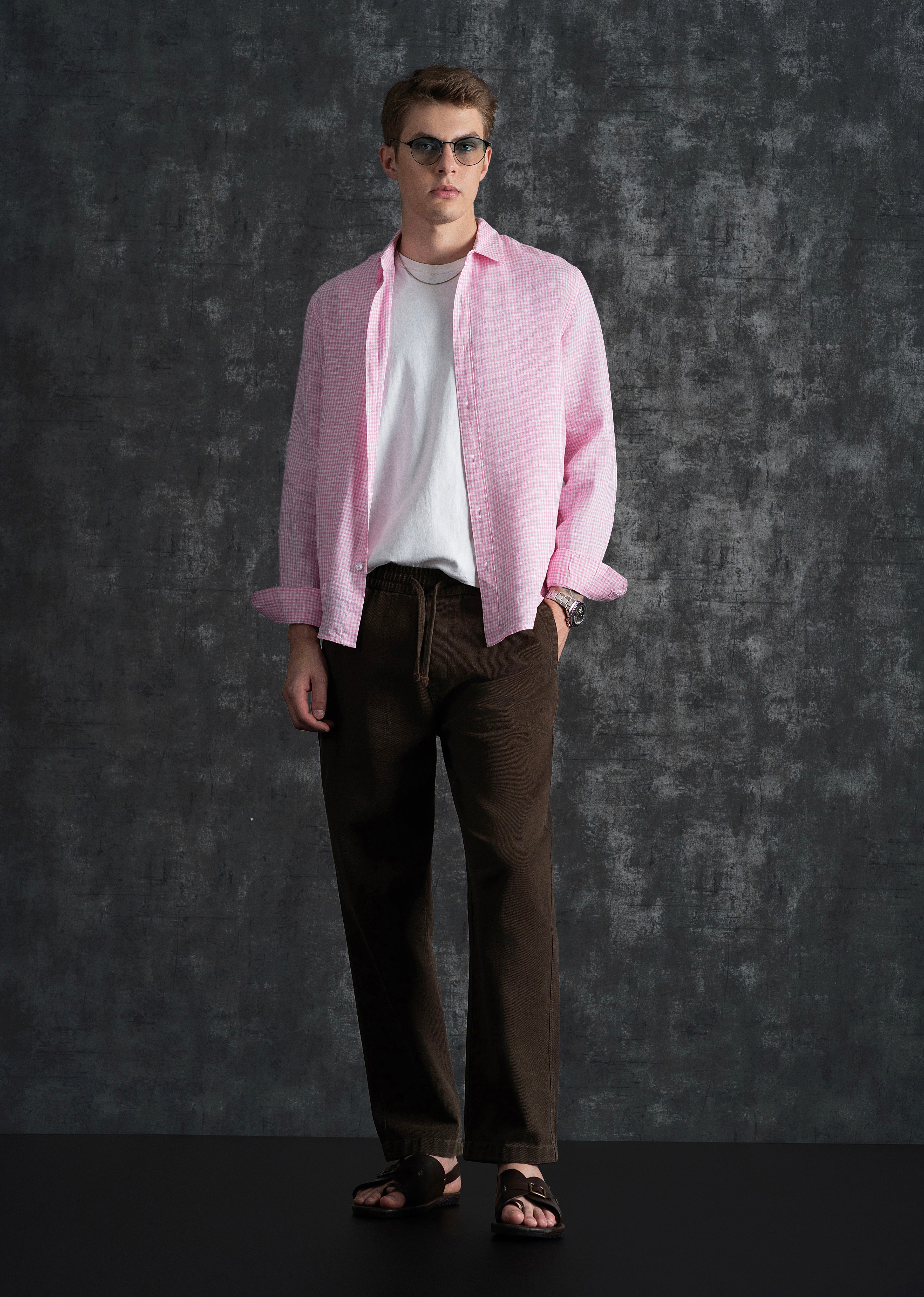 Pink 100% Pure Linen Gingham Check Shirt