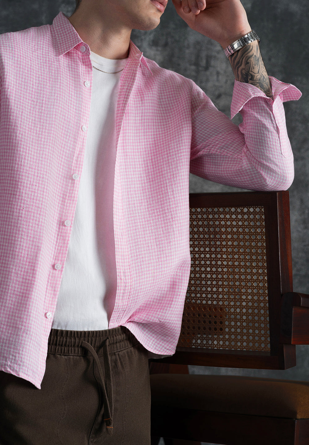 Pink 100% Pure Linen Gingham Check Shirt
