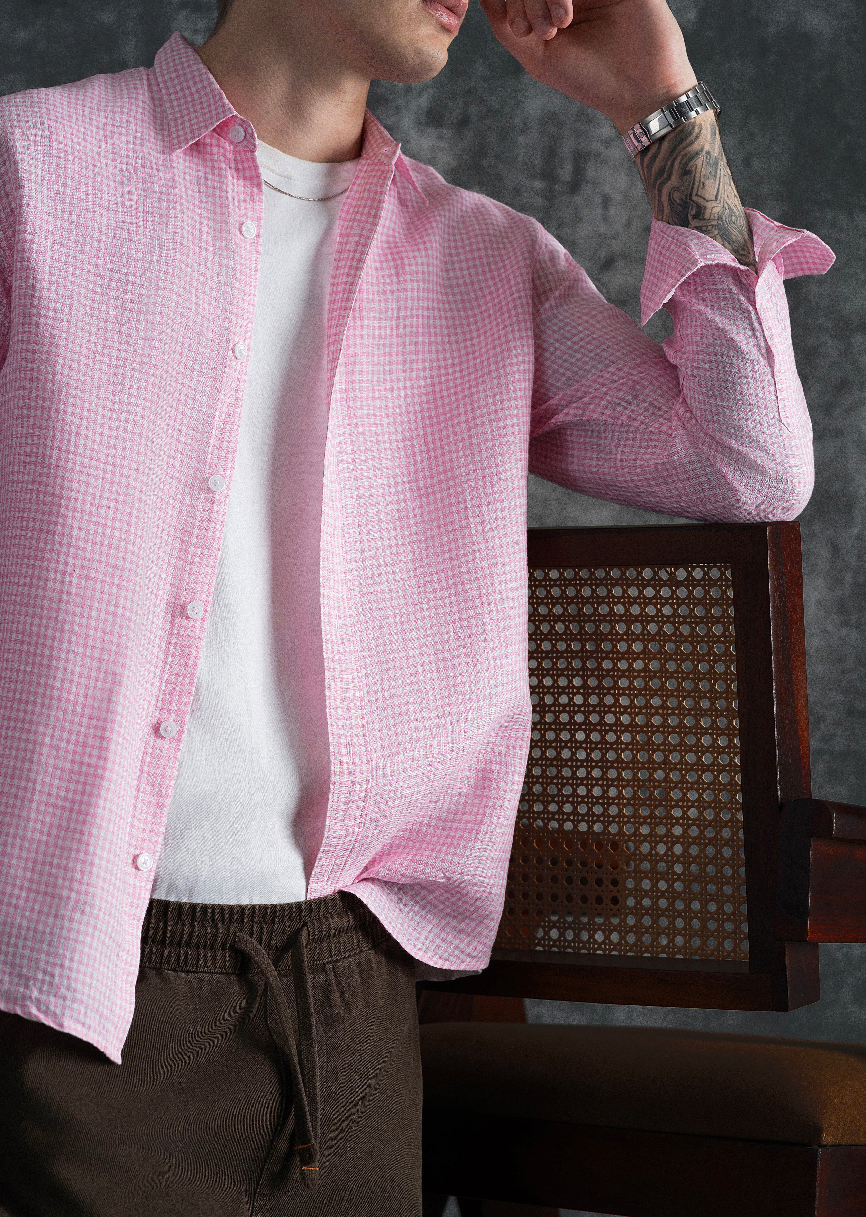 Pink 100% Pure Linen Gingham Check Shirt