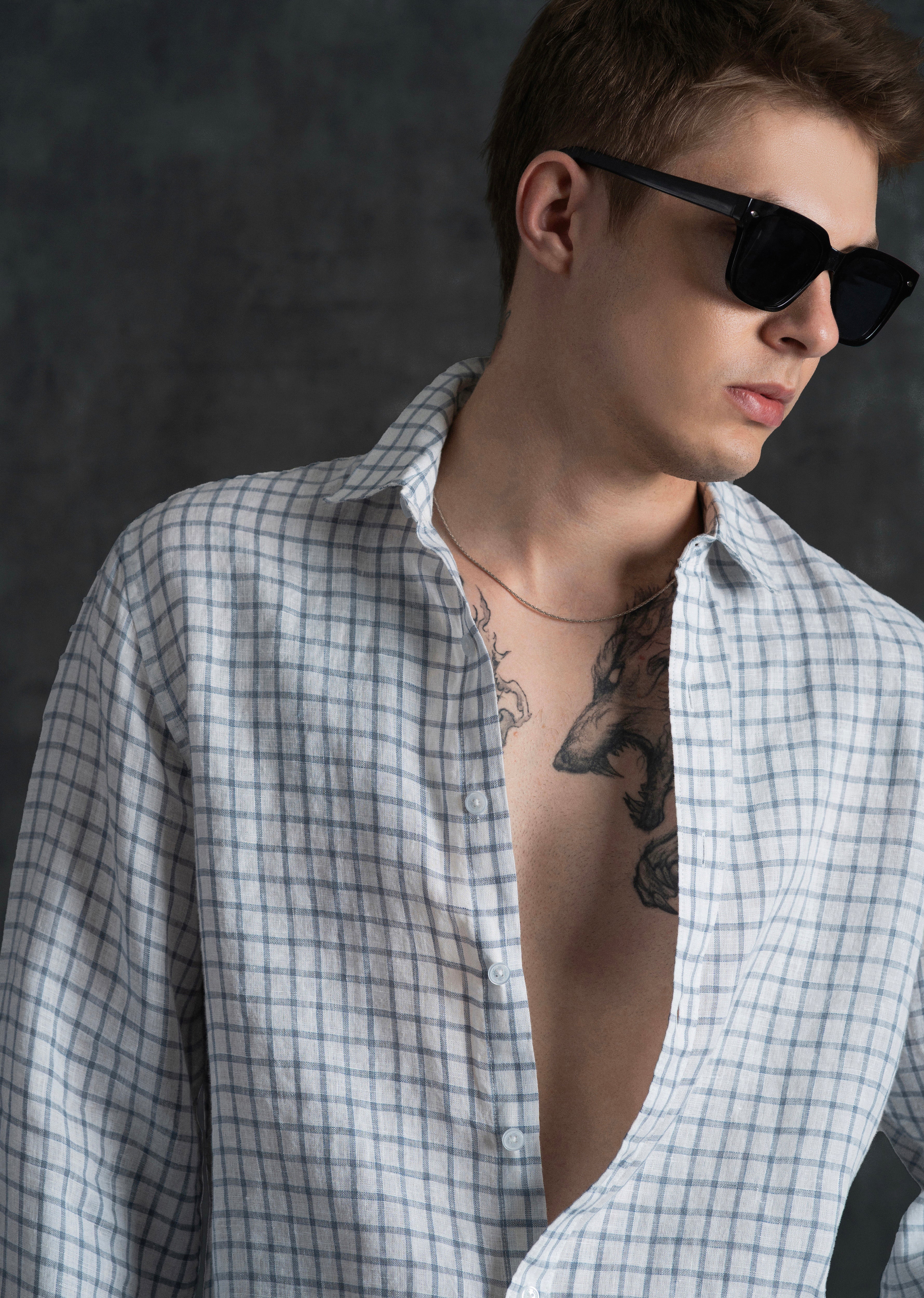 Blue 100% Pure Linen Check Shirt