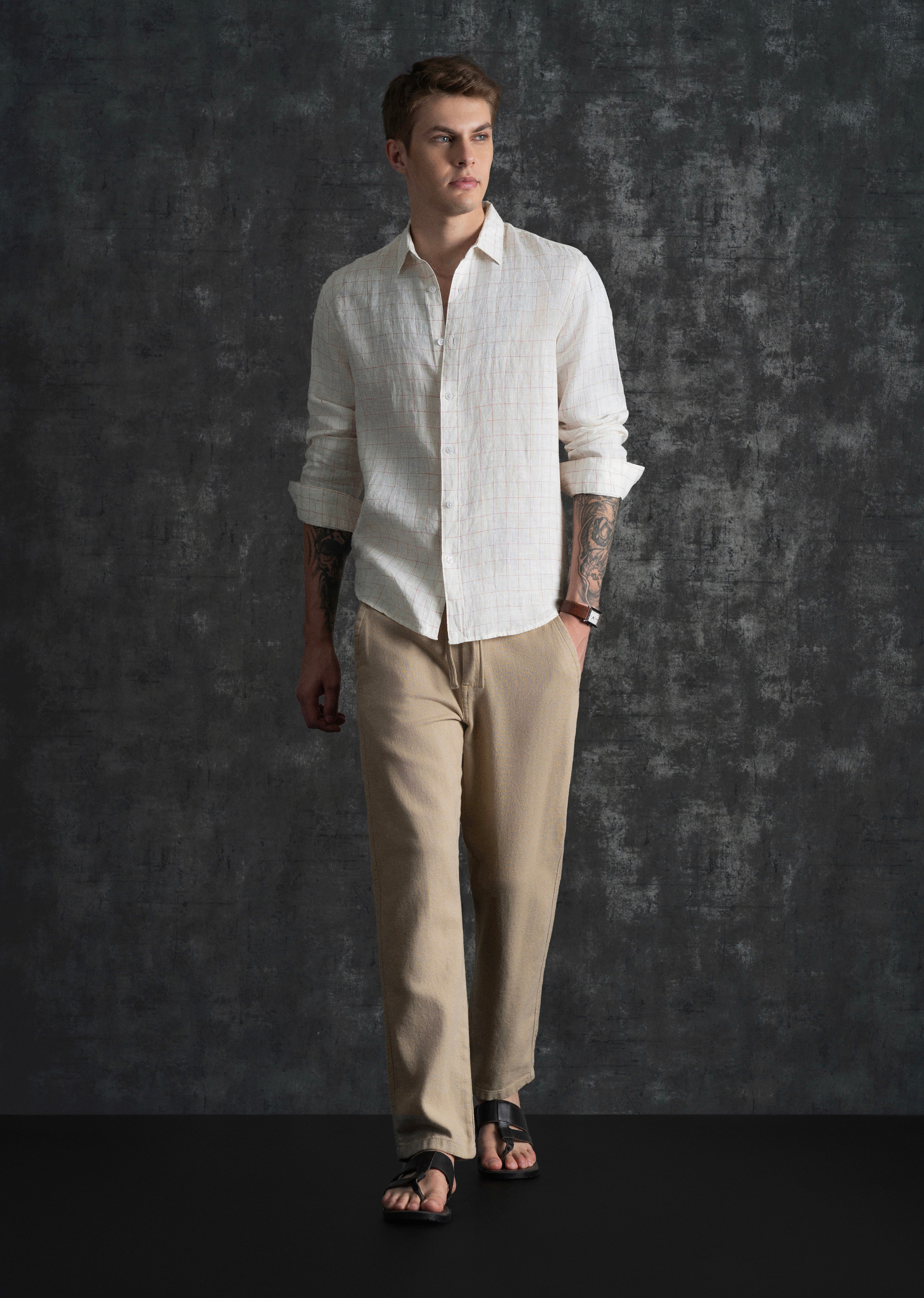 Ecru 100% Pure Linen Check Shirt