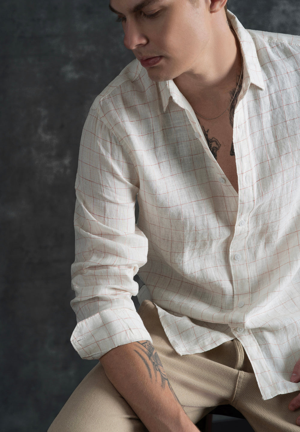 Ecru 100% Pure Linen Check Shirt