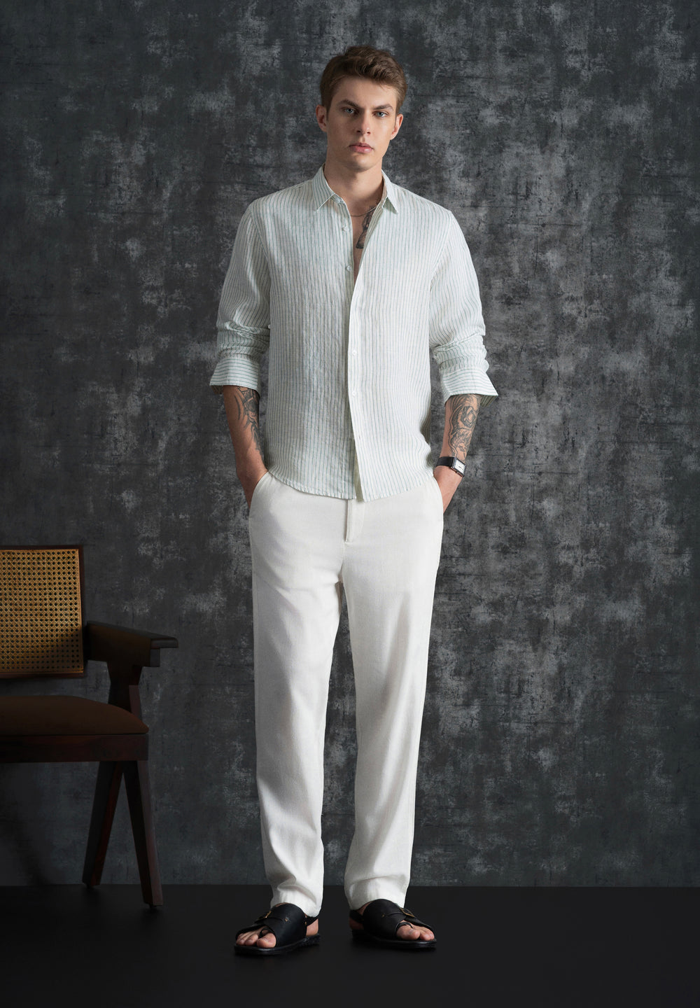 100% Linen Green Self-Stripe Shirt