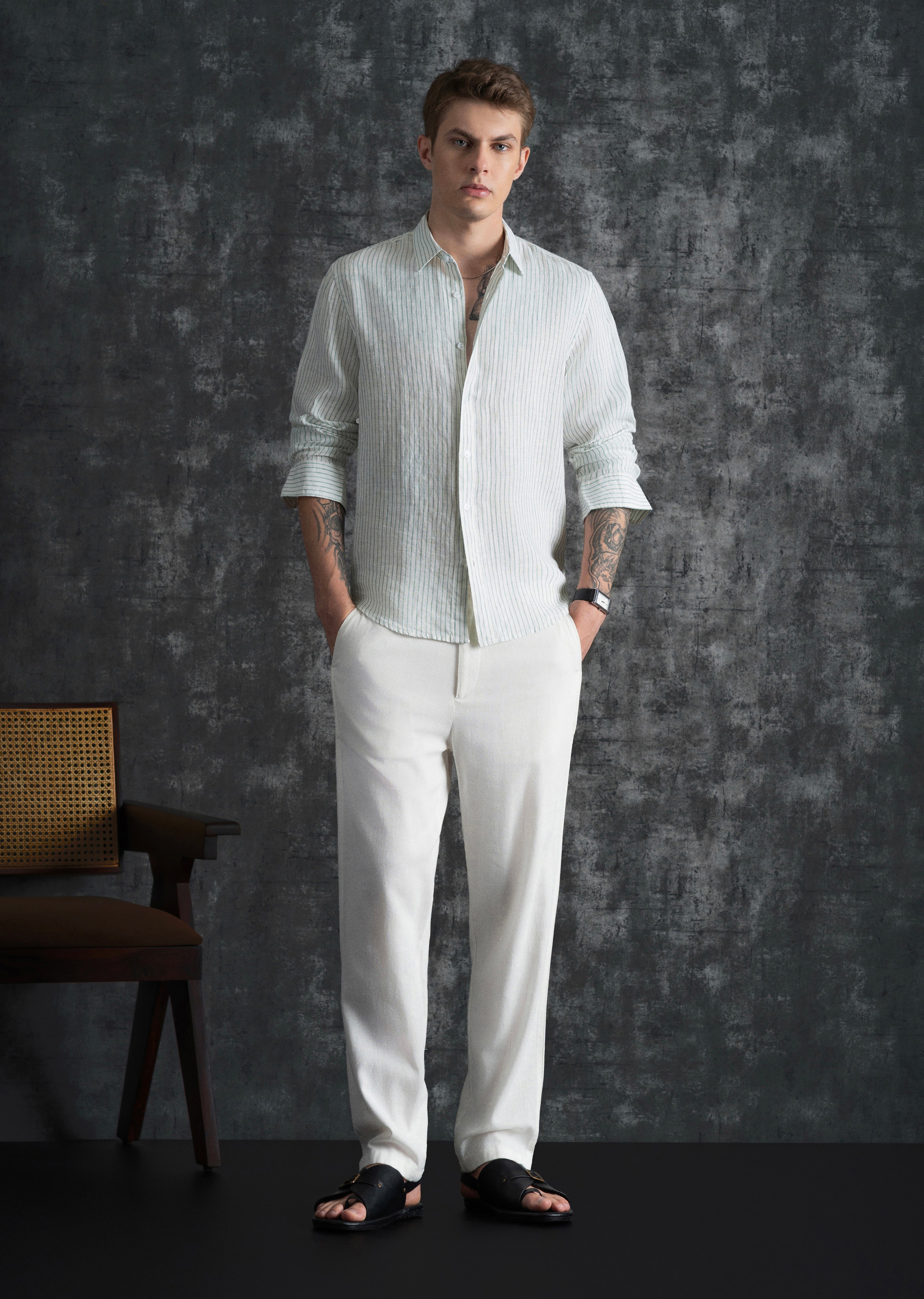 100% Linen Green Self-Stripe Shirt