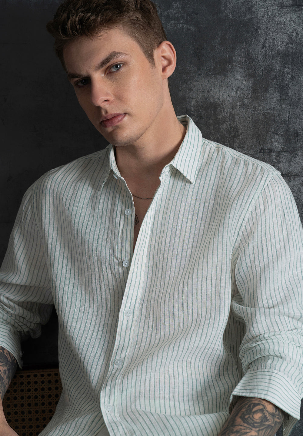 100% Linen Green Self-Stripe Shirt
