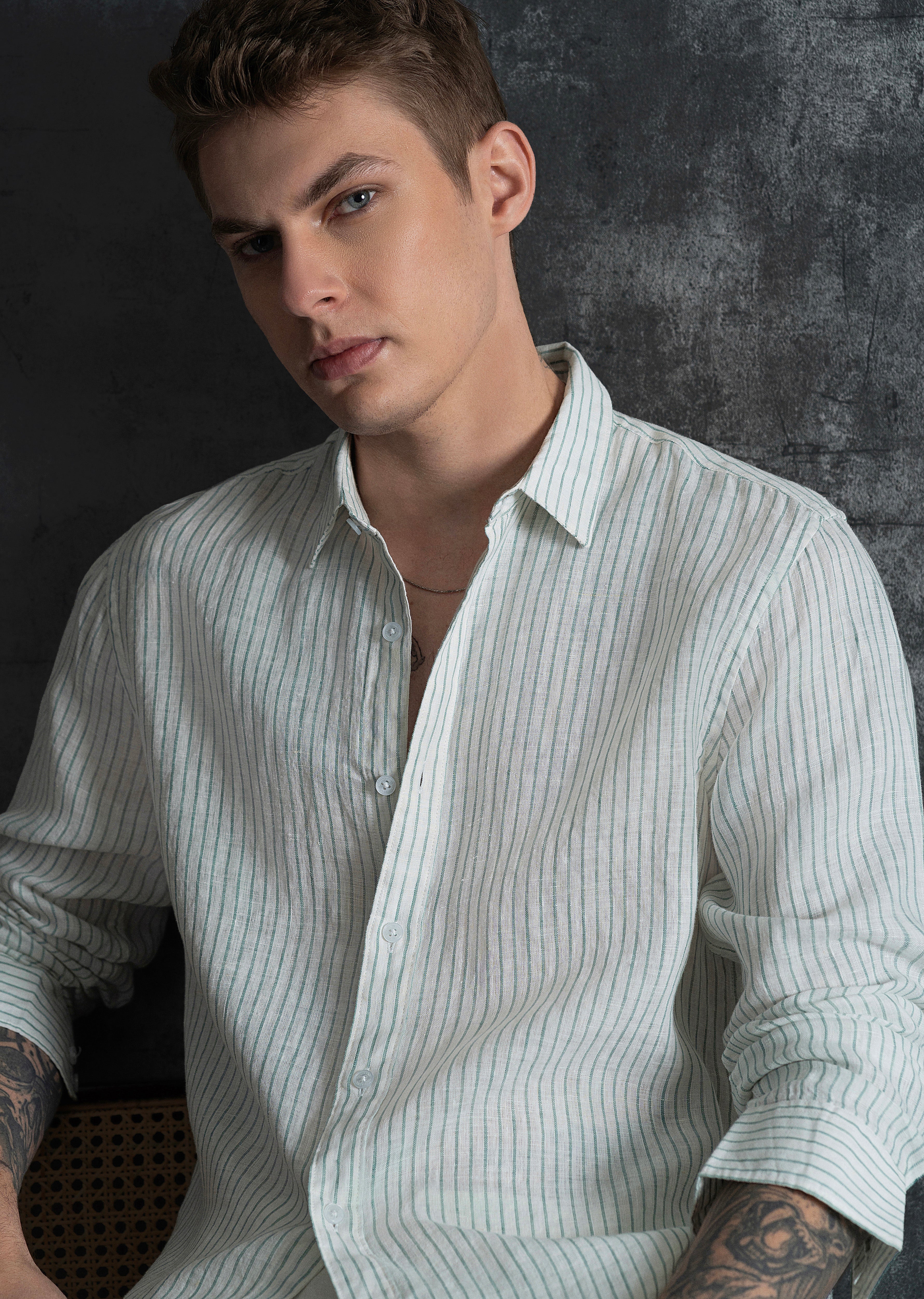 100% Linen Green Self-Stripe Shirt