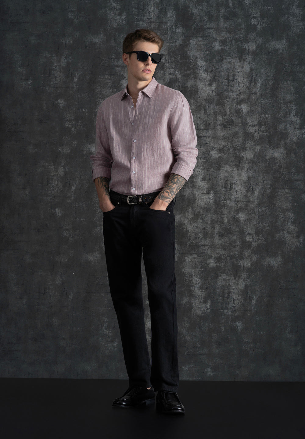 100% Linen Purple Vertical Stripe Shirt