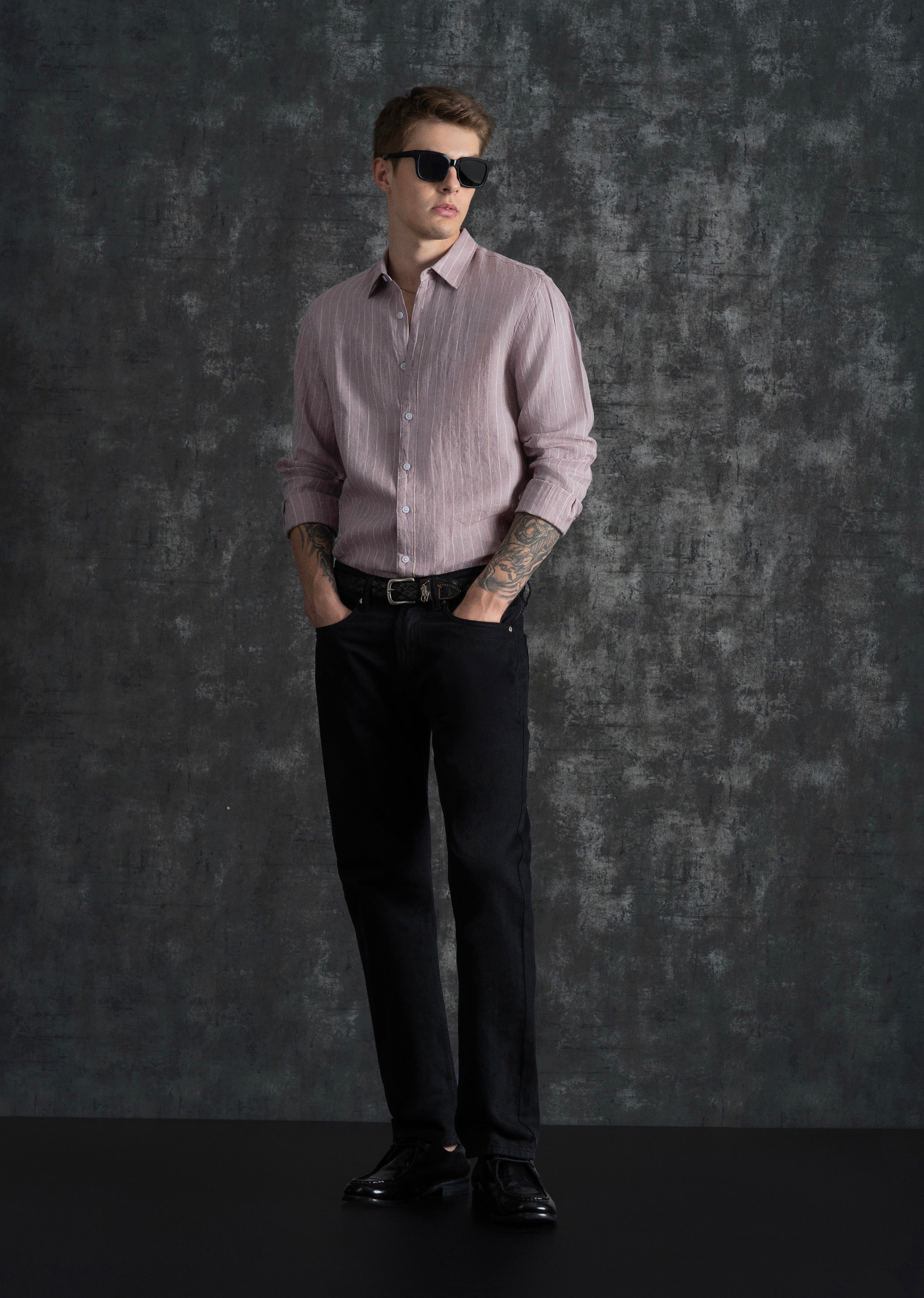 100% Linen Purple Vertical Stripe Shirt