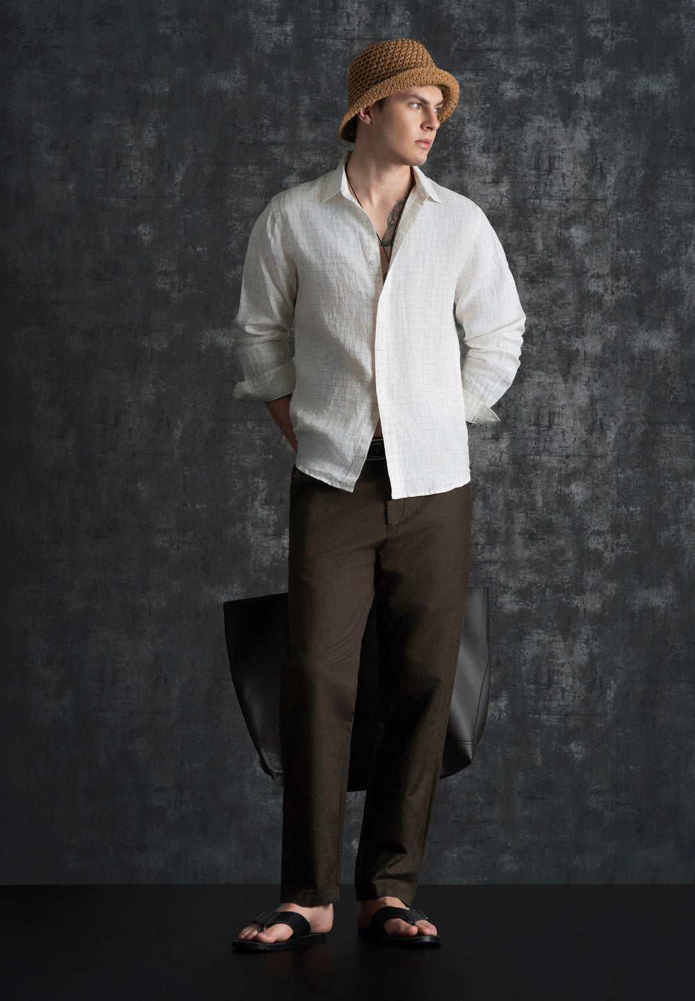 100% Pure Linen Off-White Check Shirt