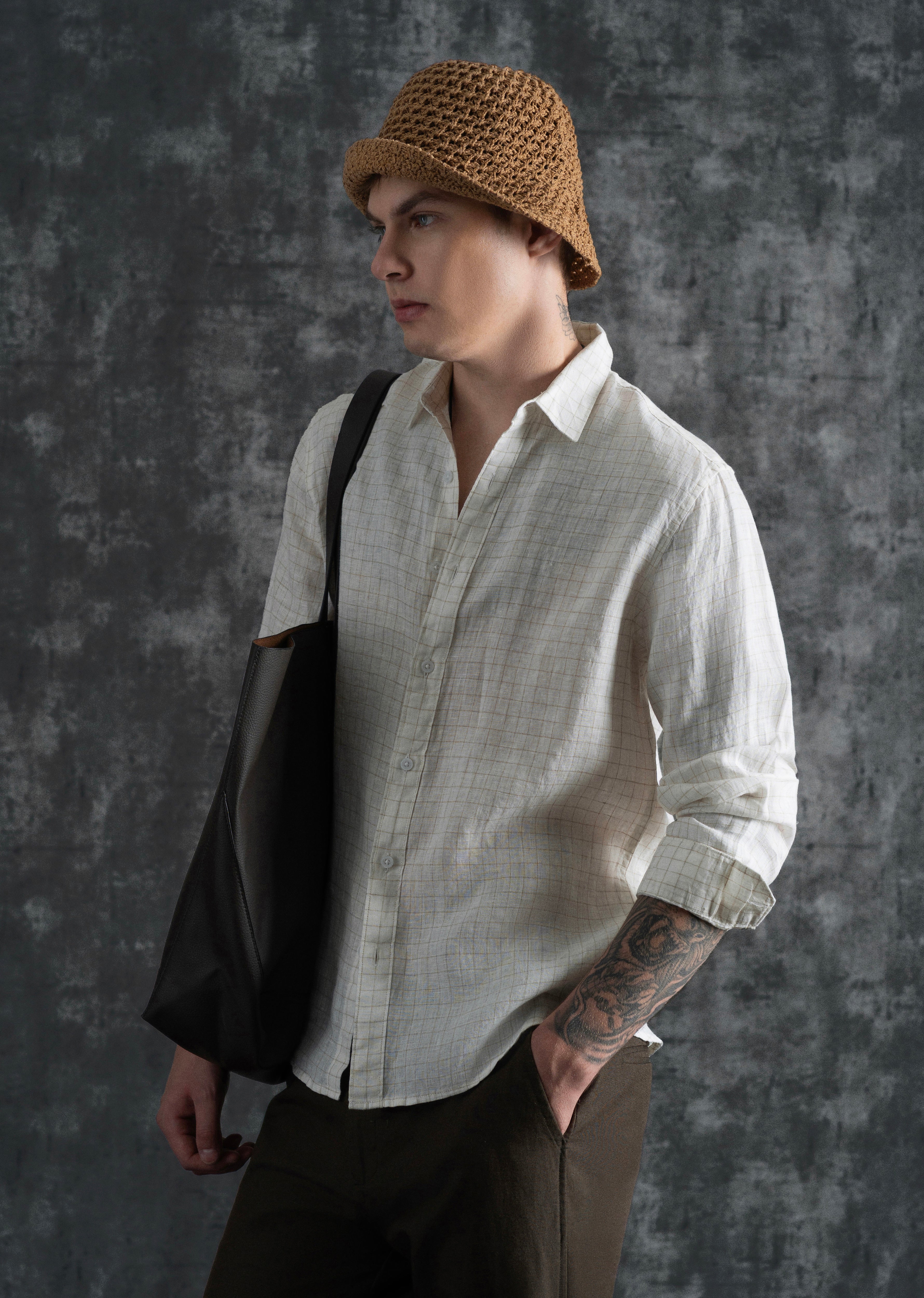 100% Pure Linen Off-White Check Shirt