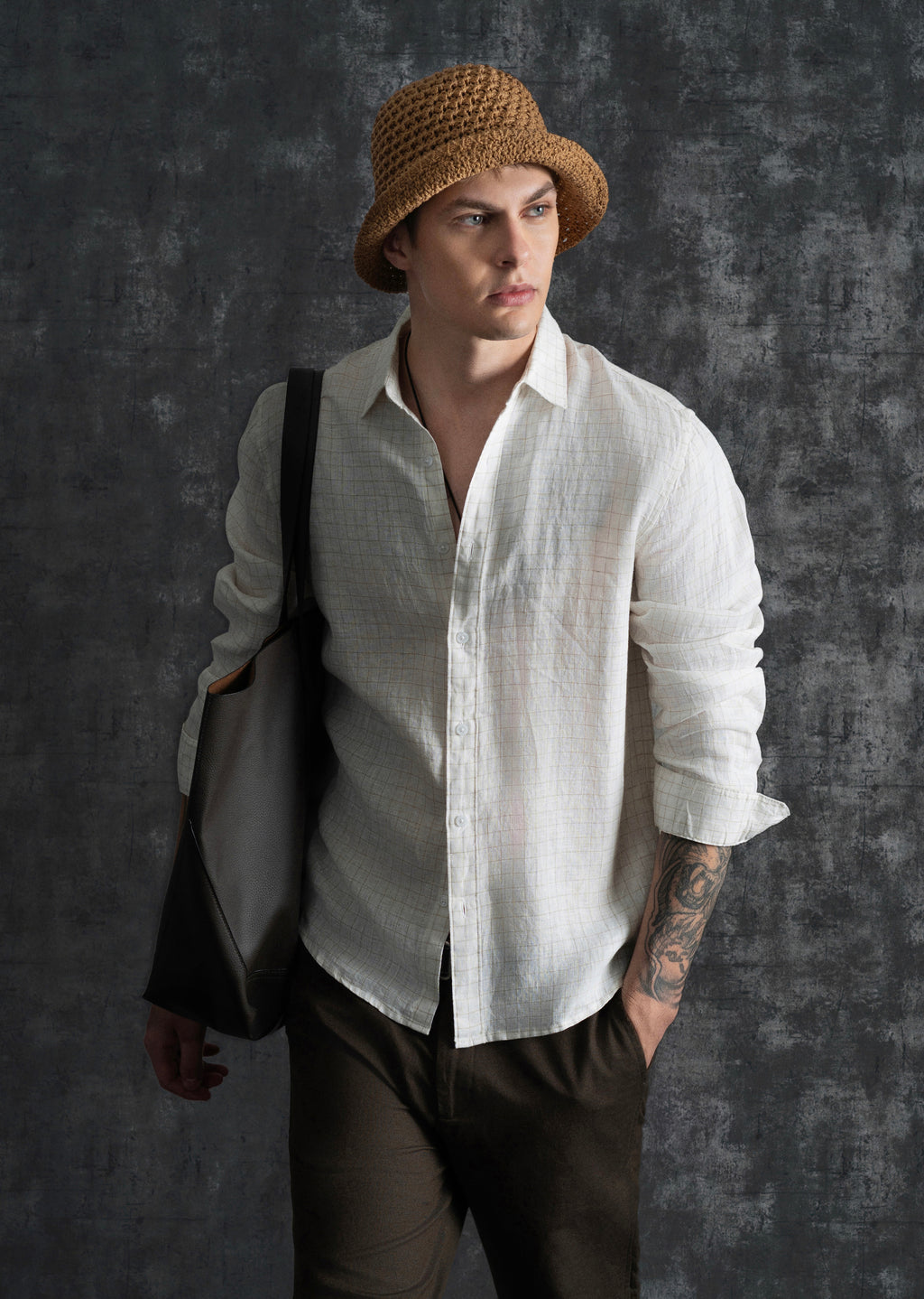 100% Pure Linen Off-White Check Shirt