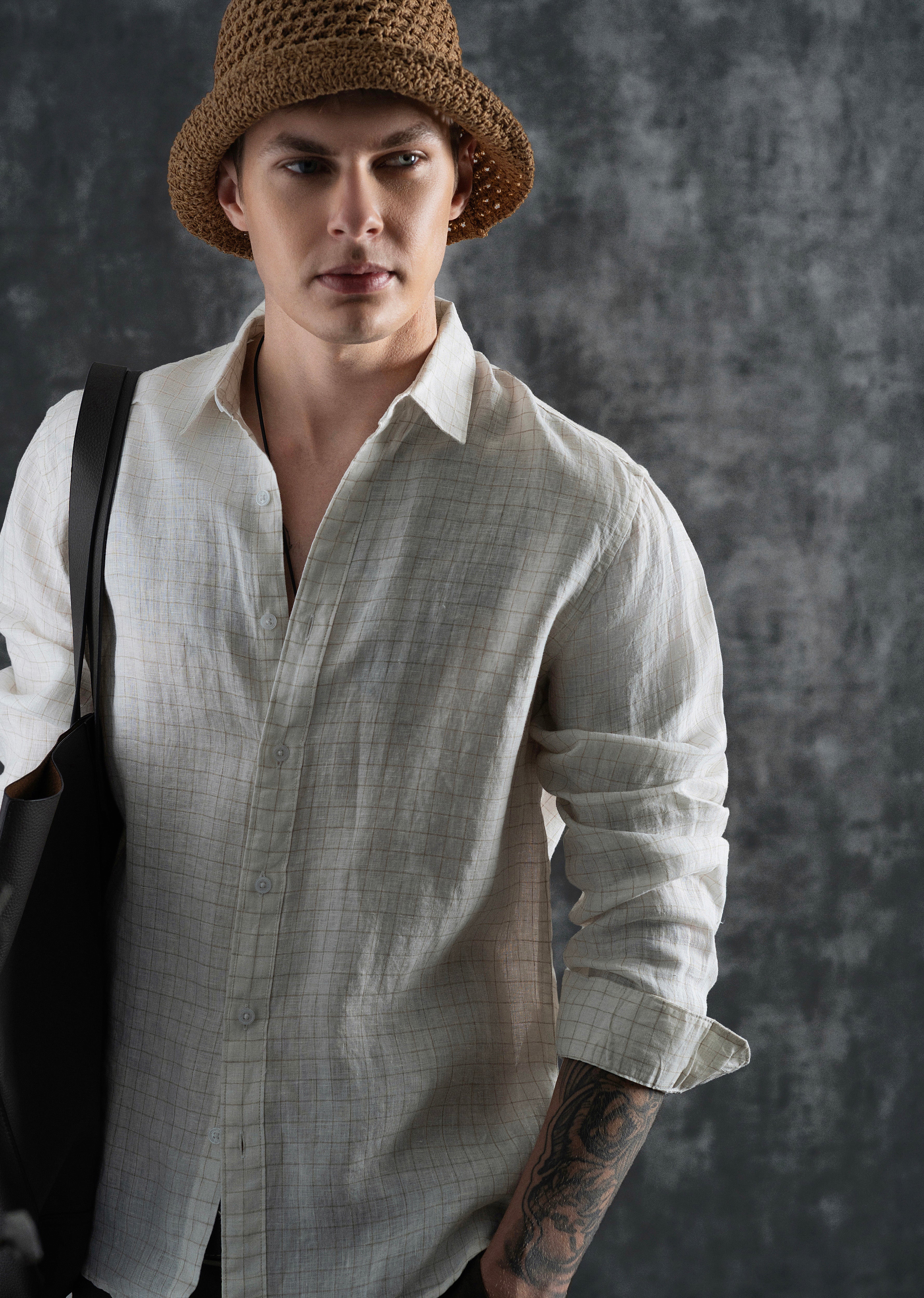 100% Pure Linen Off-White Check Shirt