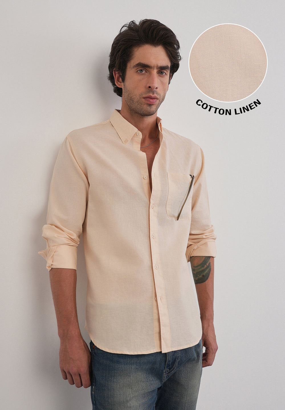 Cream Cotton Linen Plain Shirt