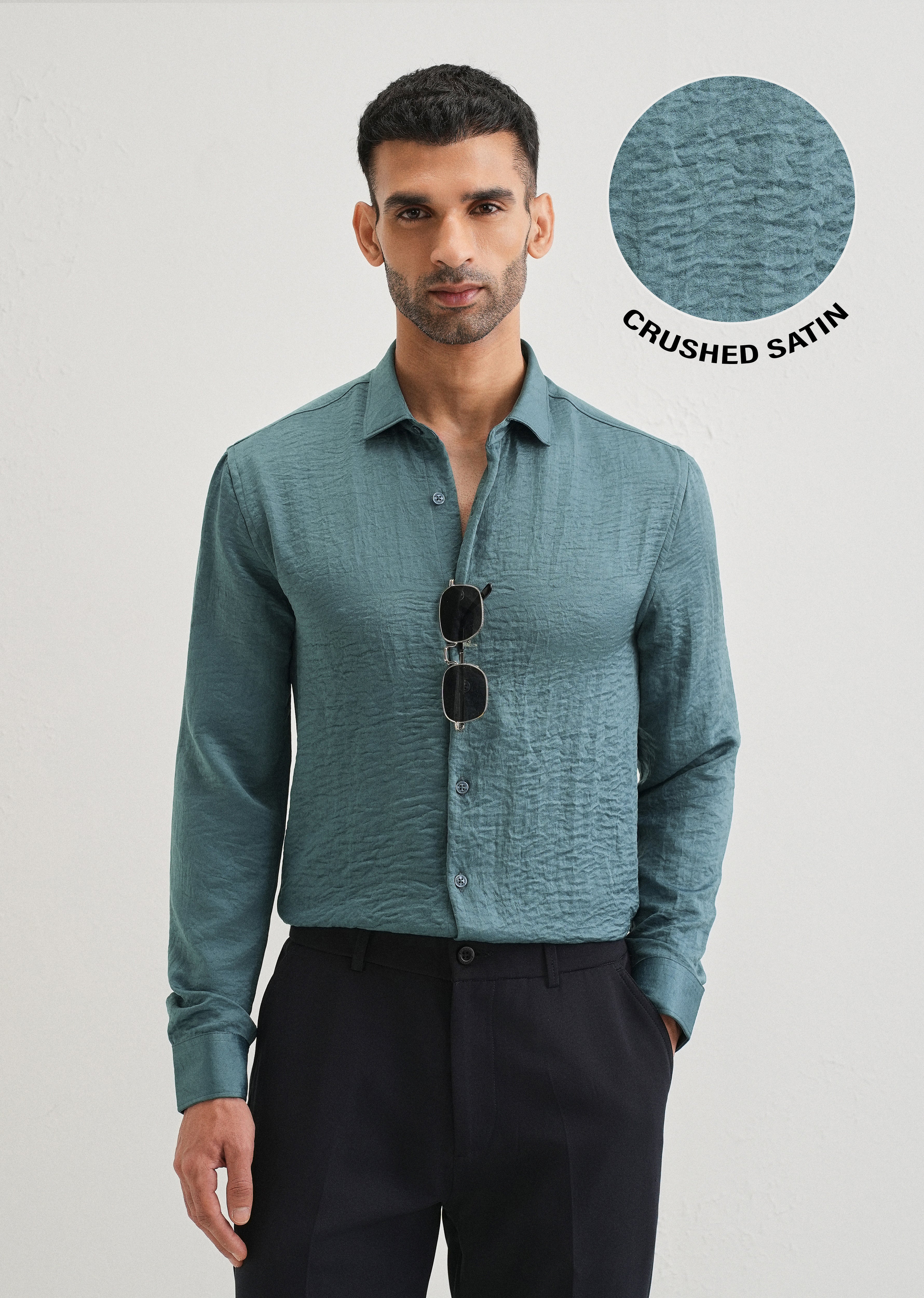 Teal Green Plain Crushed Satin Shirt