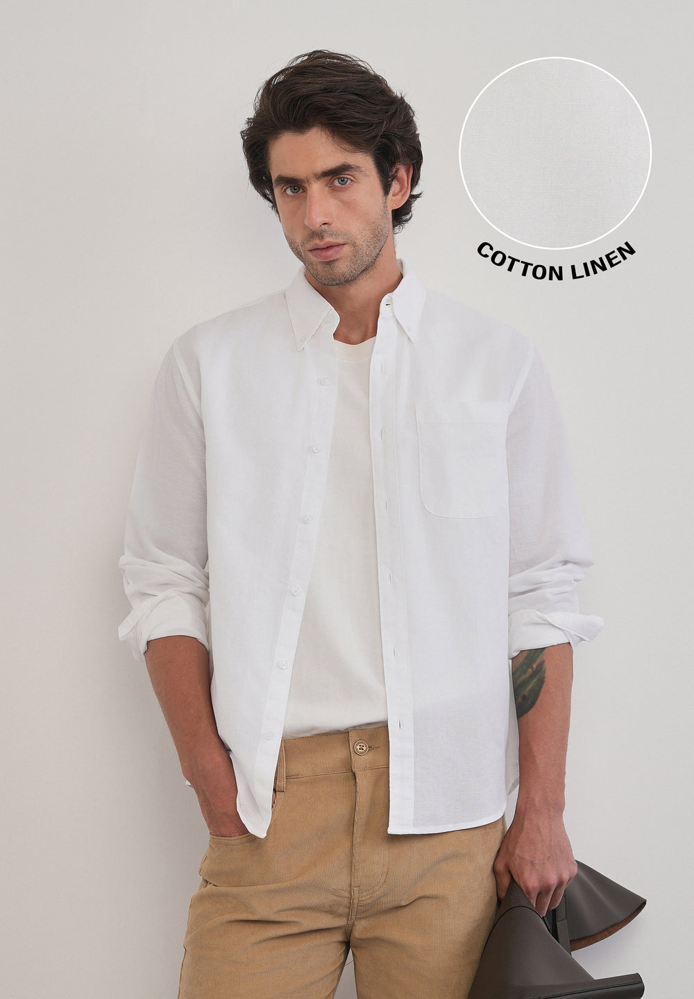 White Cotton Linen Plain Shirt