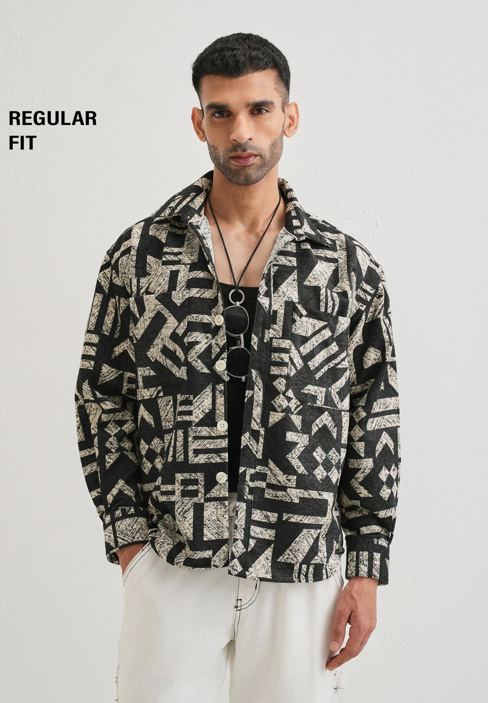 Beige Black Regular Fit Shacket