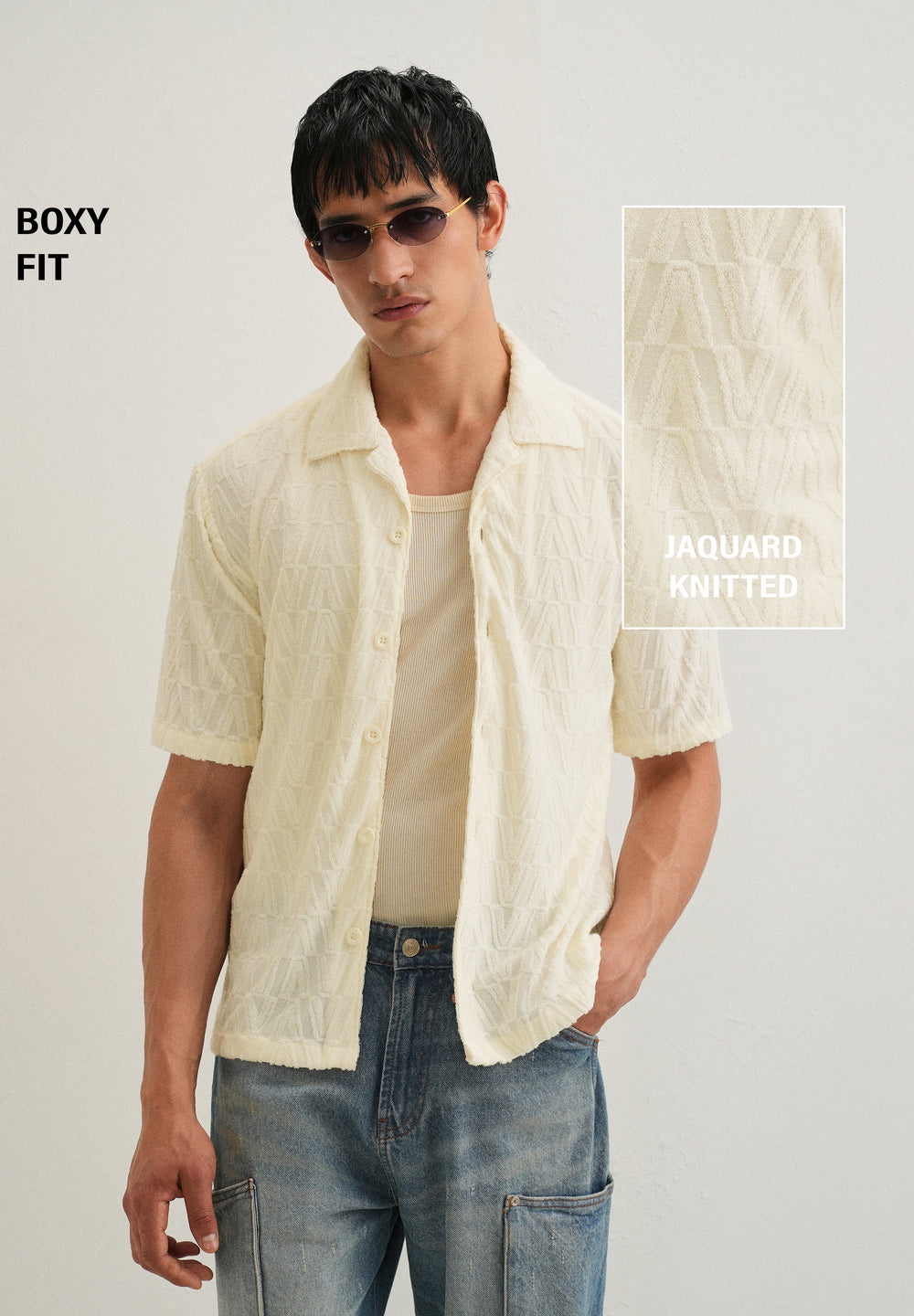 Ivory Cream Jacquard Knitted Shirt