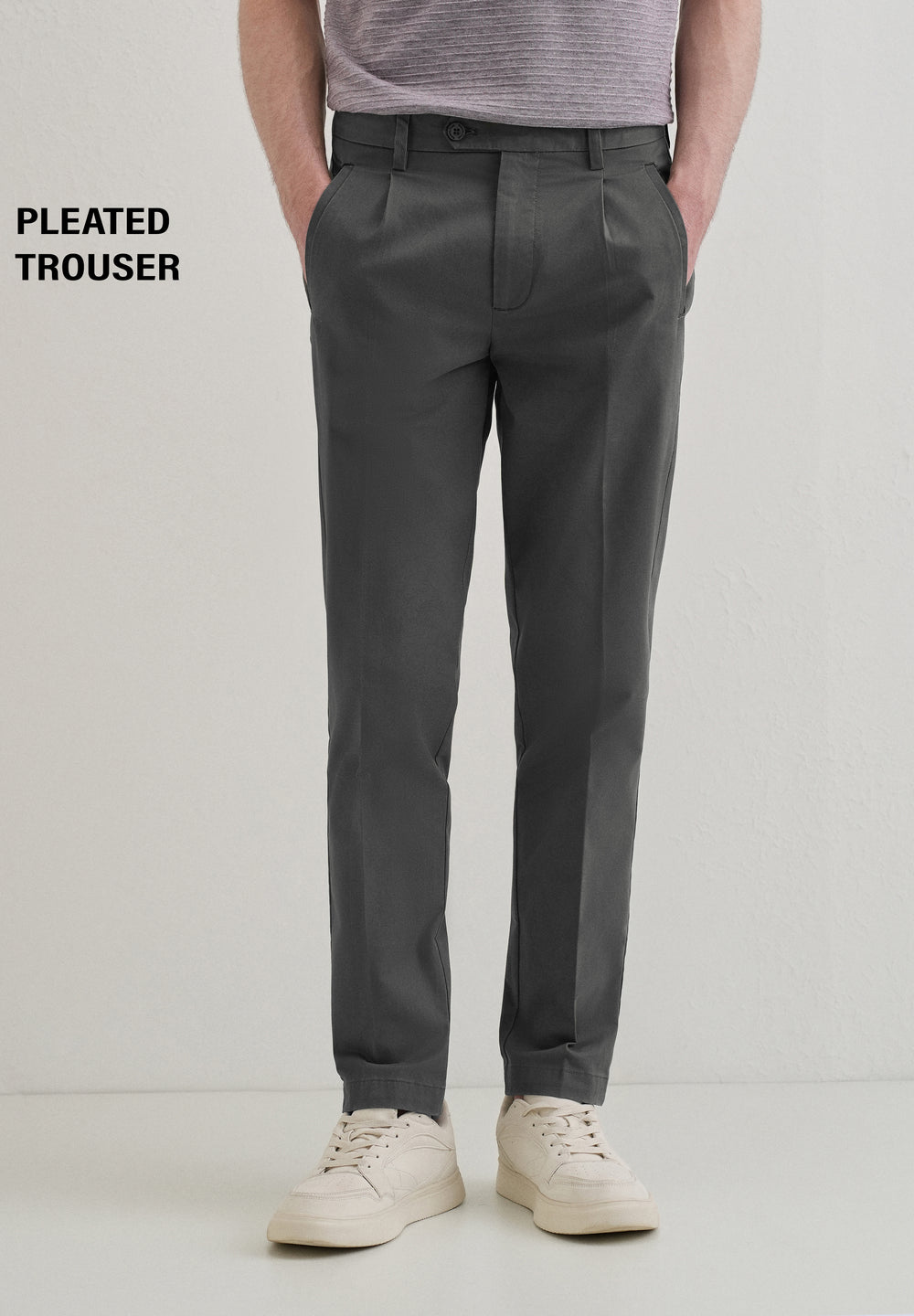 Lava Gray Plain Pleated Chinos