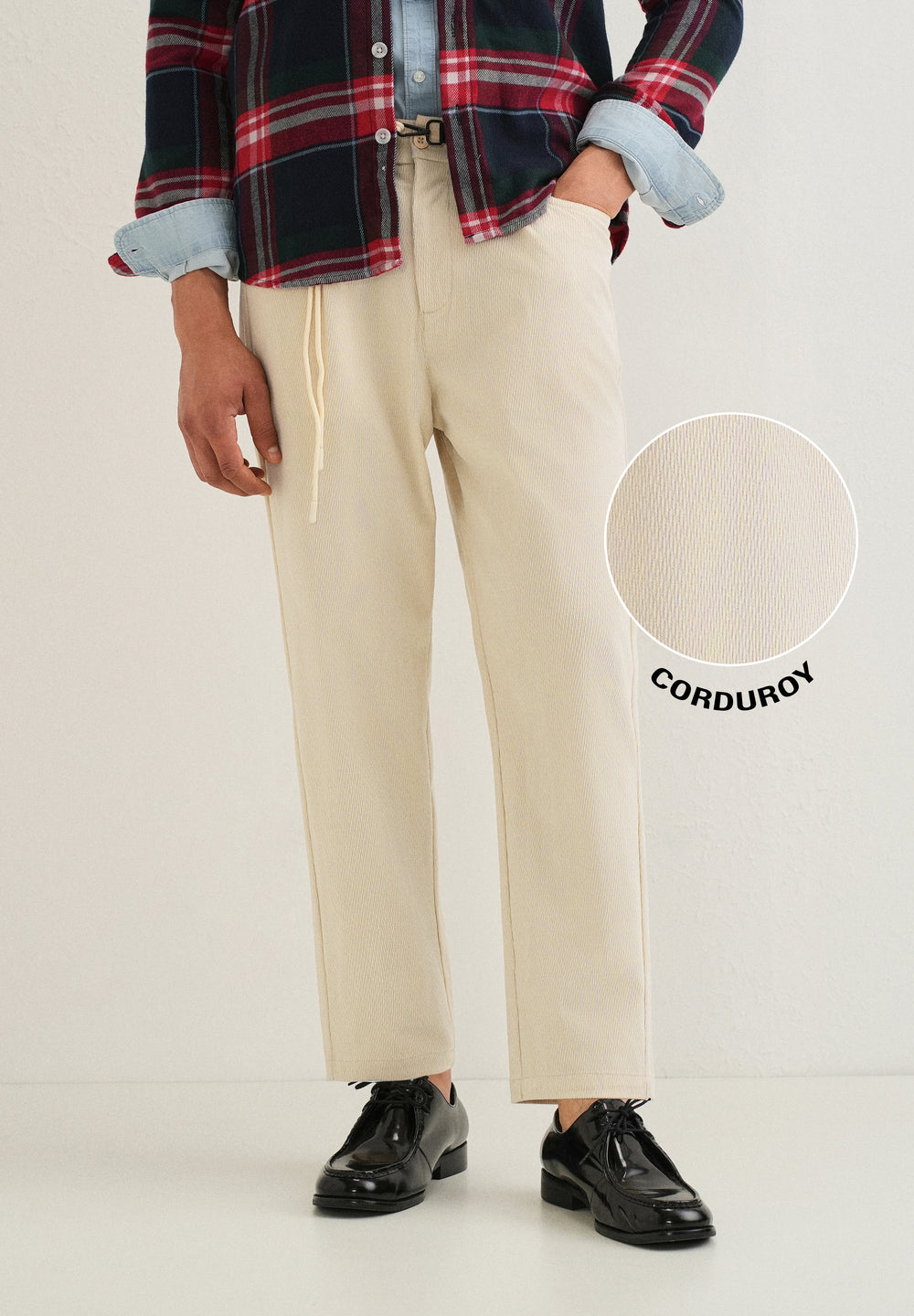 Cream Textured Corduroy Drawstring Pant