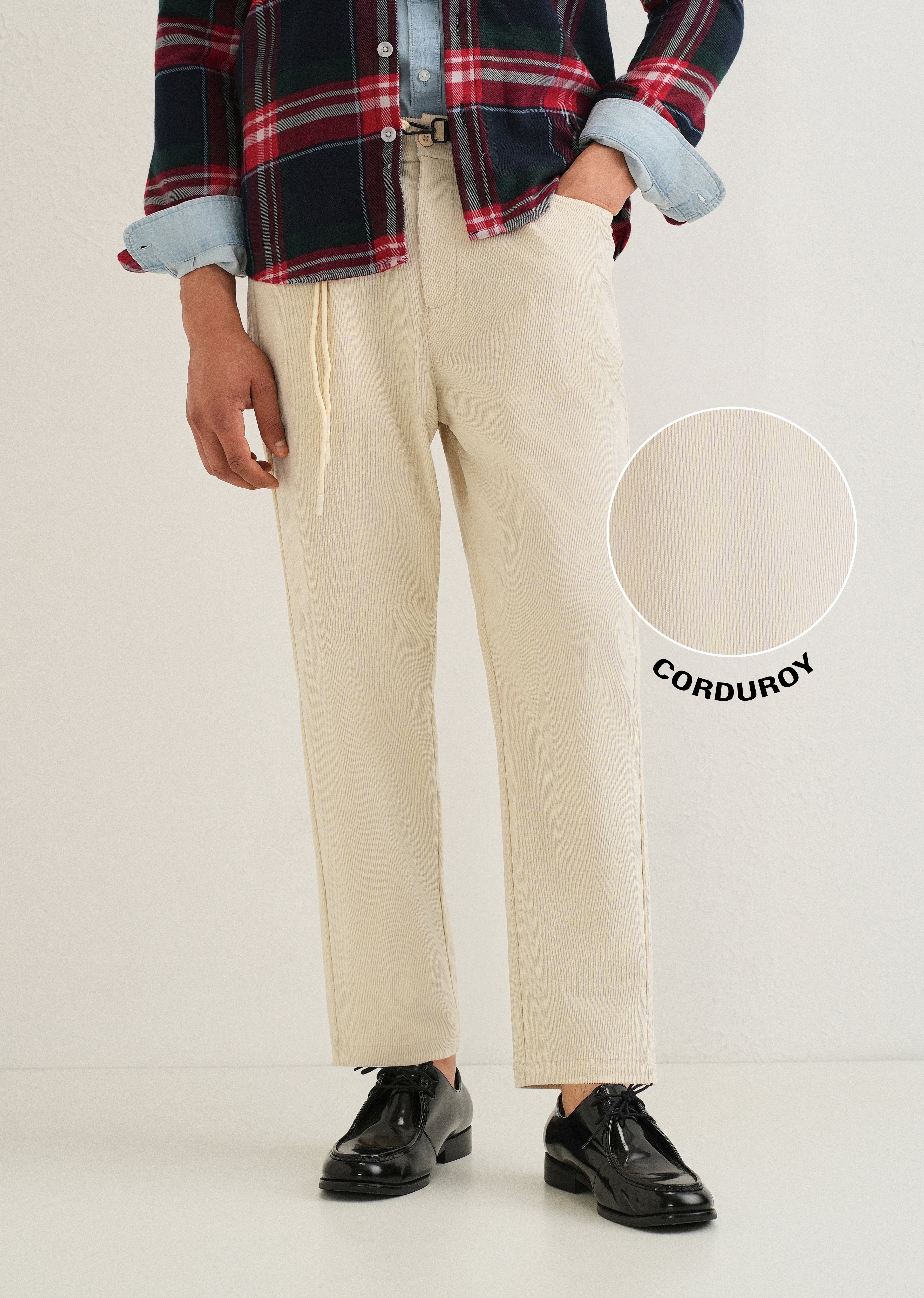 Cream Textured Corduroy Drawstring Pant