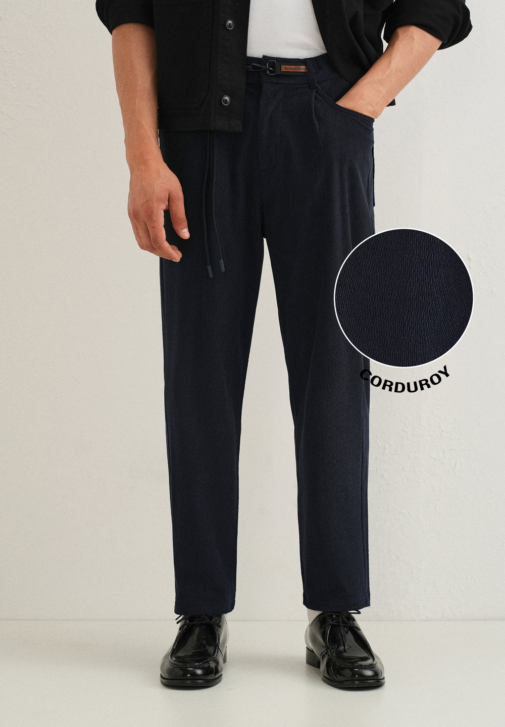 Dark Blue Textured Corduroy Drawstring Pant