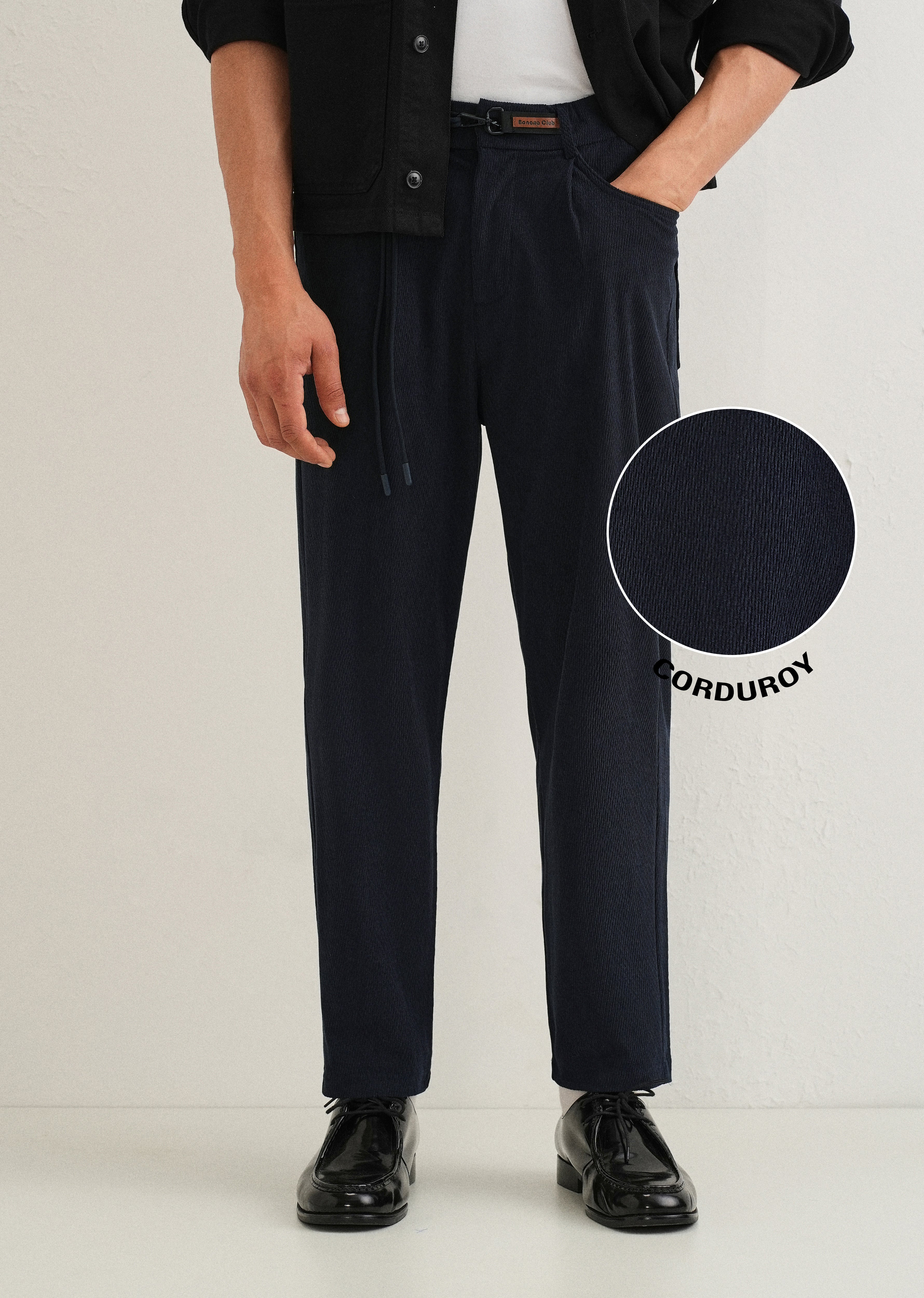 Dark Blue Textured Corduroy Drawstring Pant