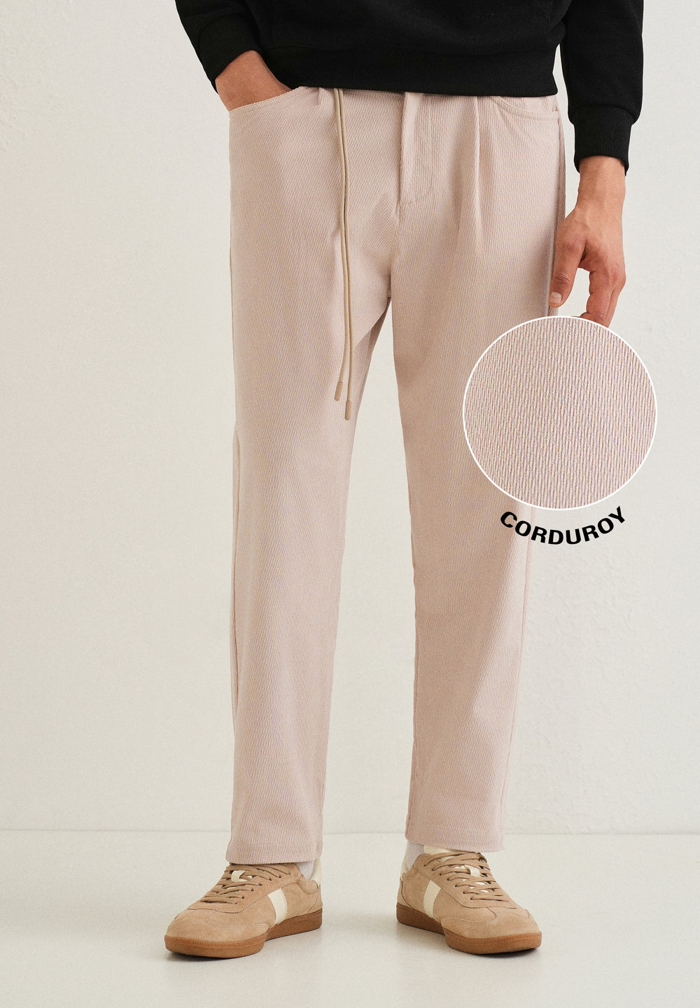 Beige Textured Corduroy Drawstring Pant