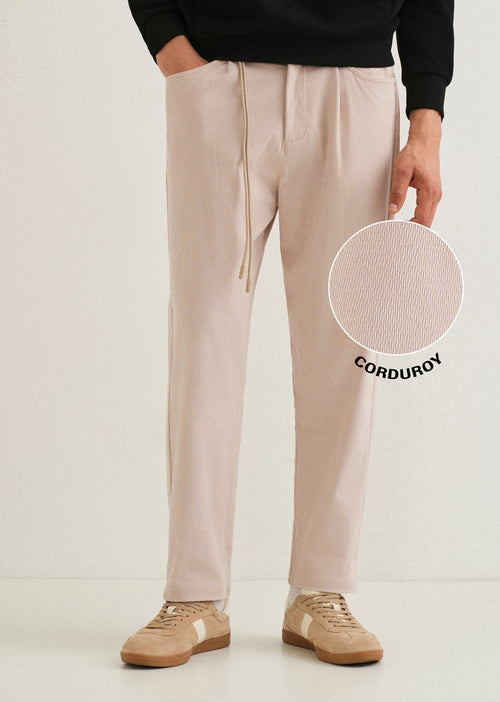 Beige Textured Corduroy Drawstring Pant