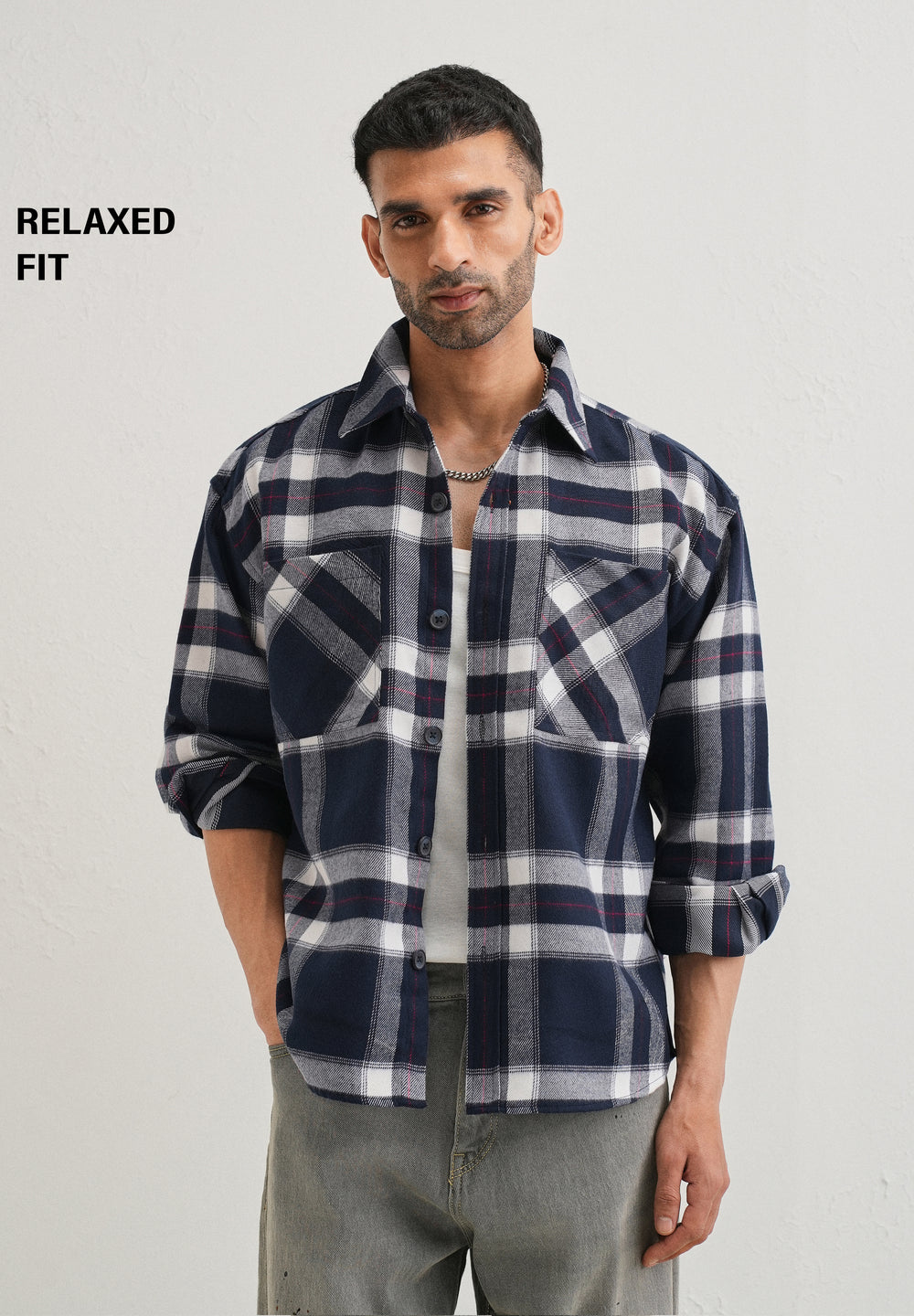Dark Blue Checked Relaxed Fit Shacket