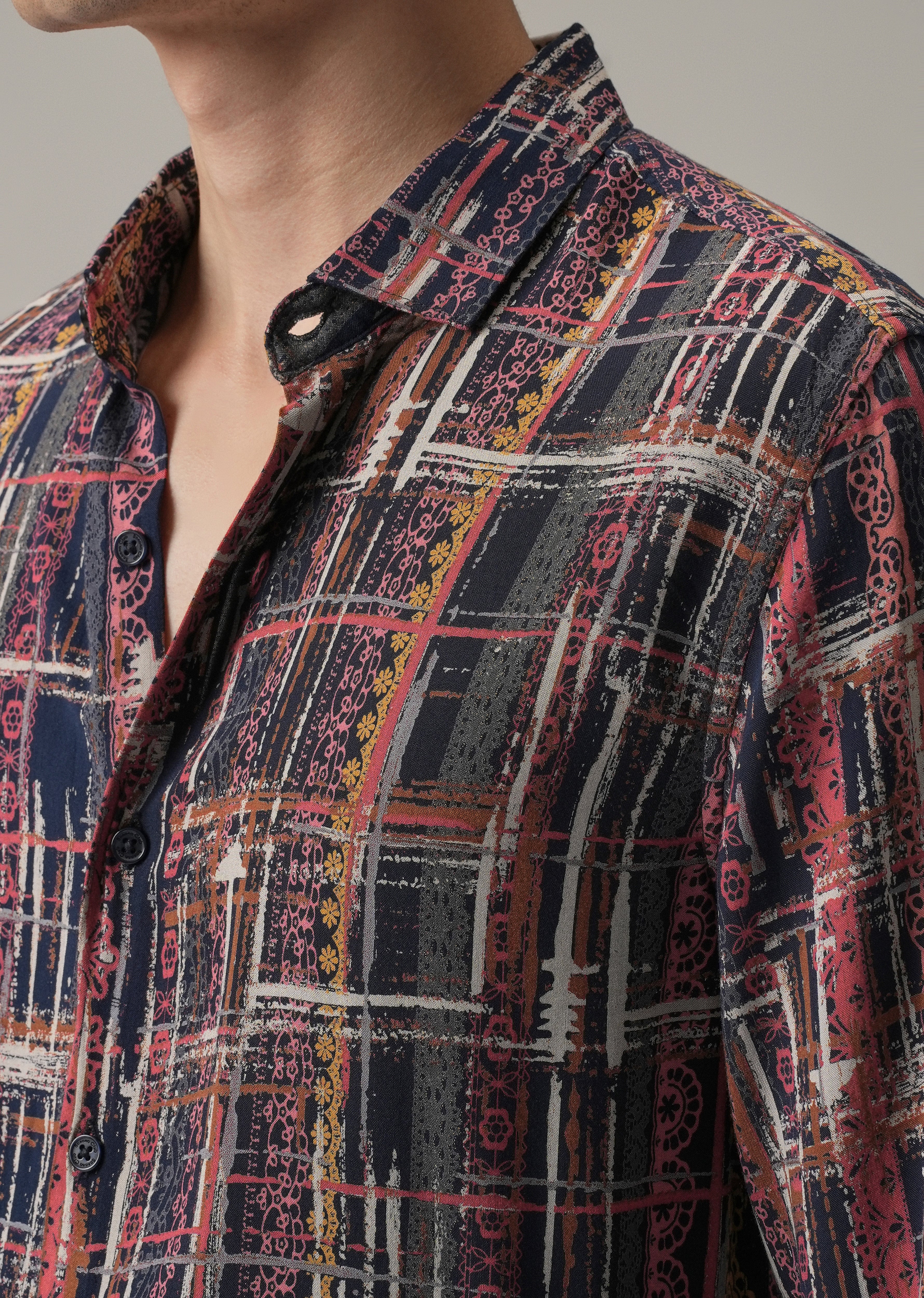 Abstract Multi Plaid Print Feather Shirt