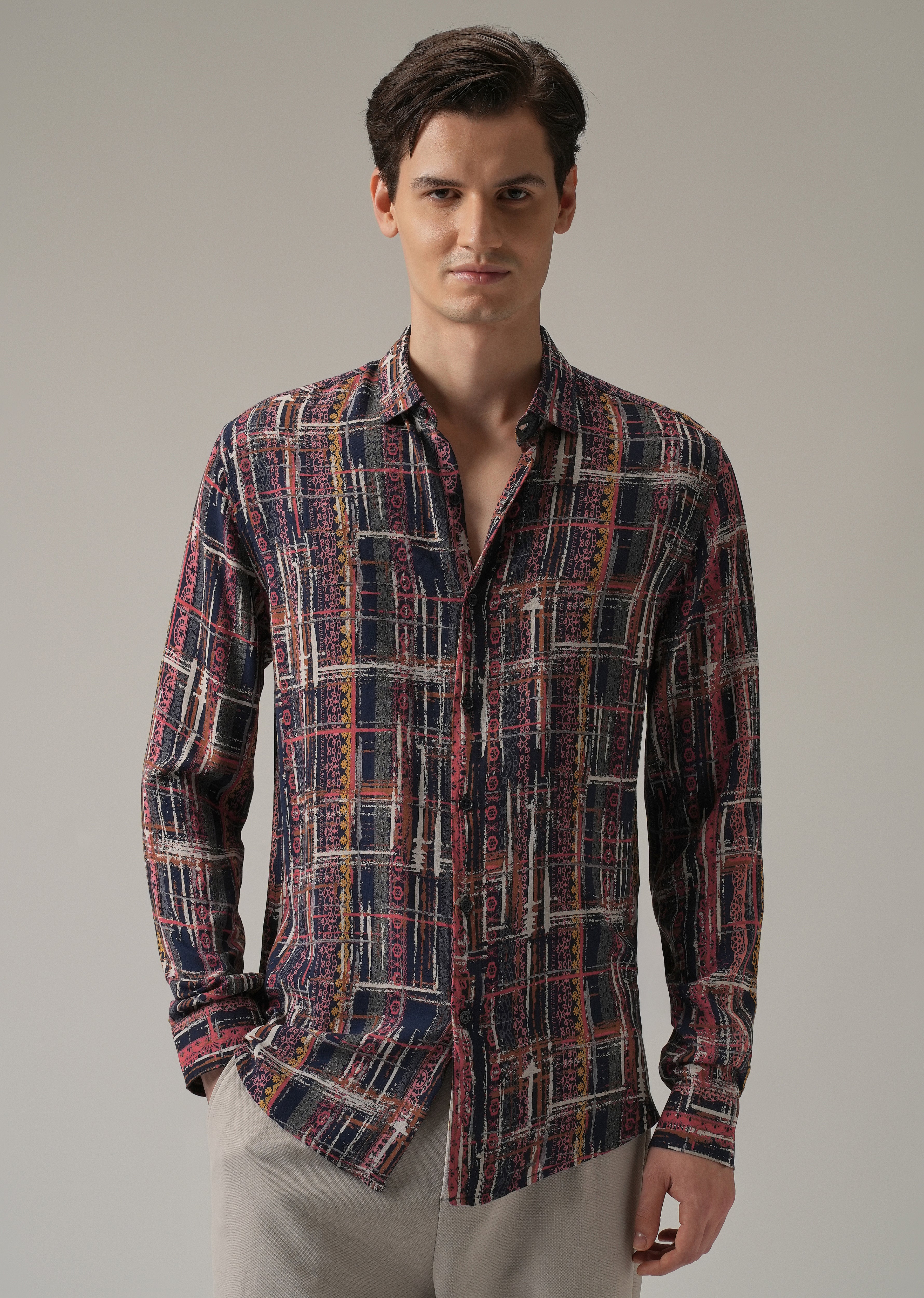 Abstract Multi Plaid Print Feather Shirt