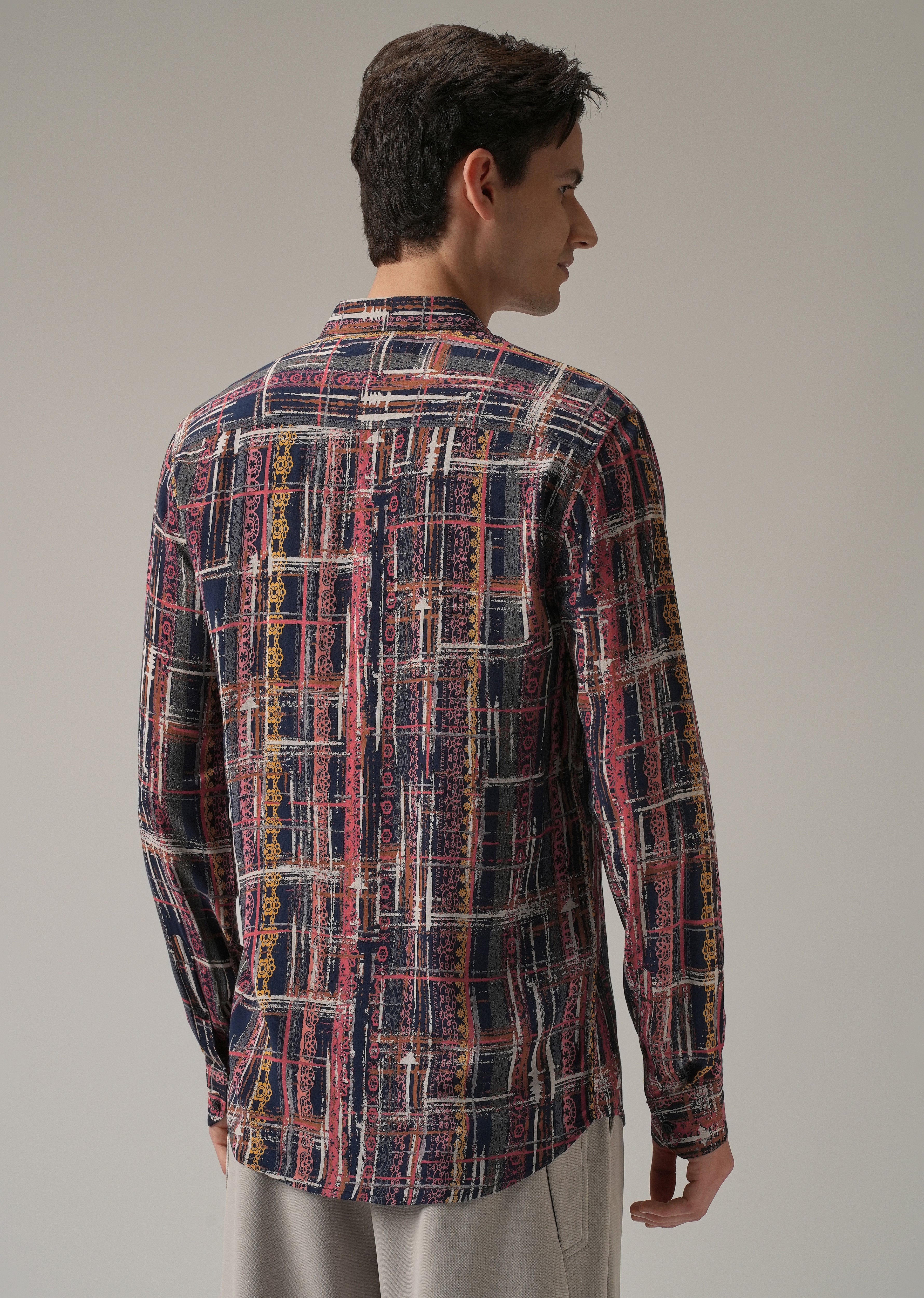 Abstract Multi Plaid Print Feather Shirt