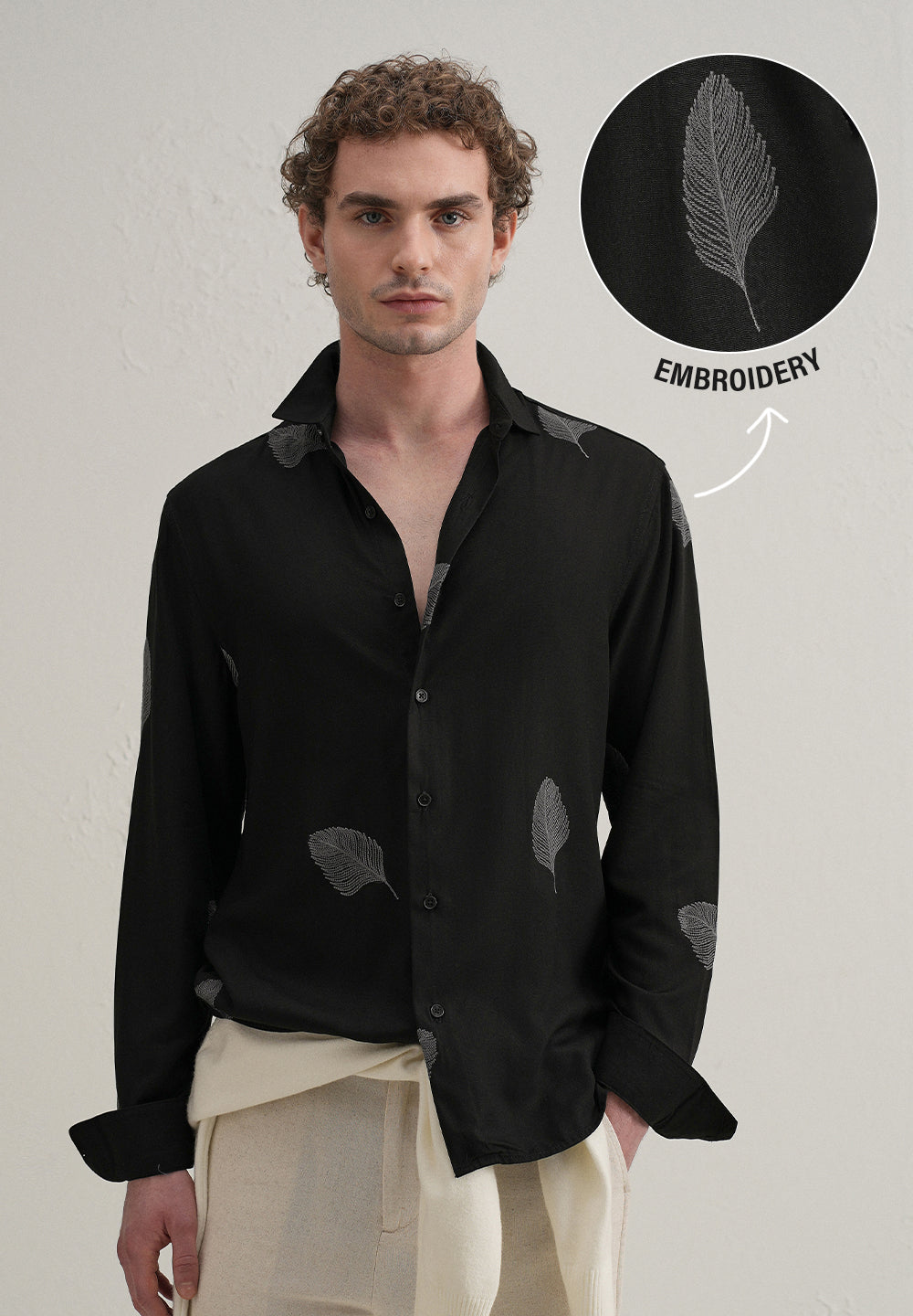 Black Feather Embroidery Shirt