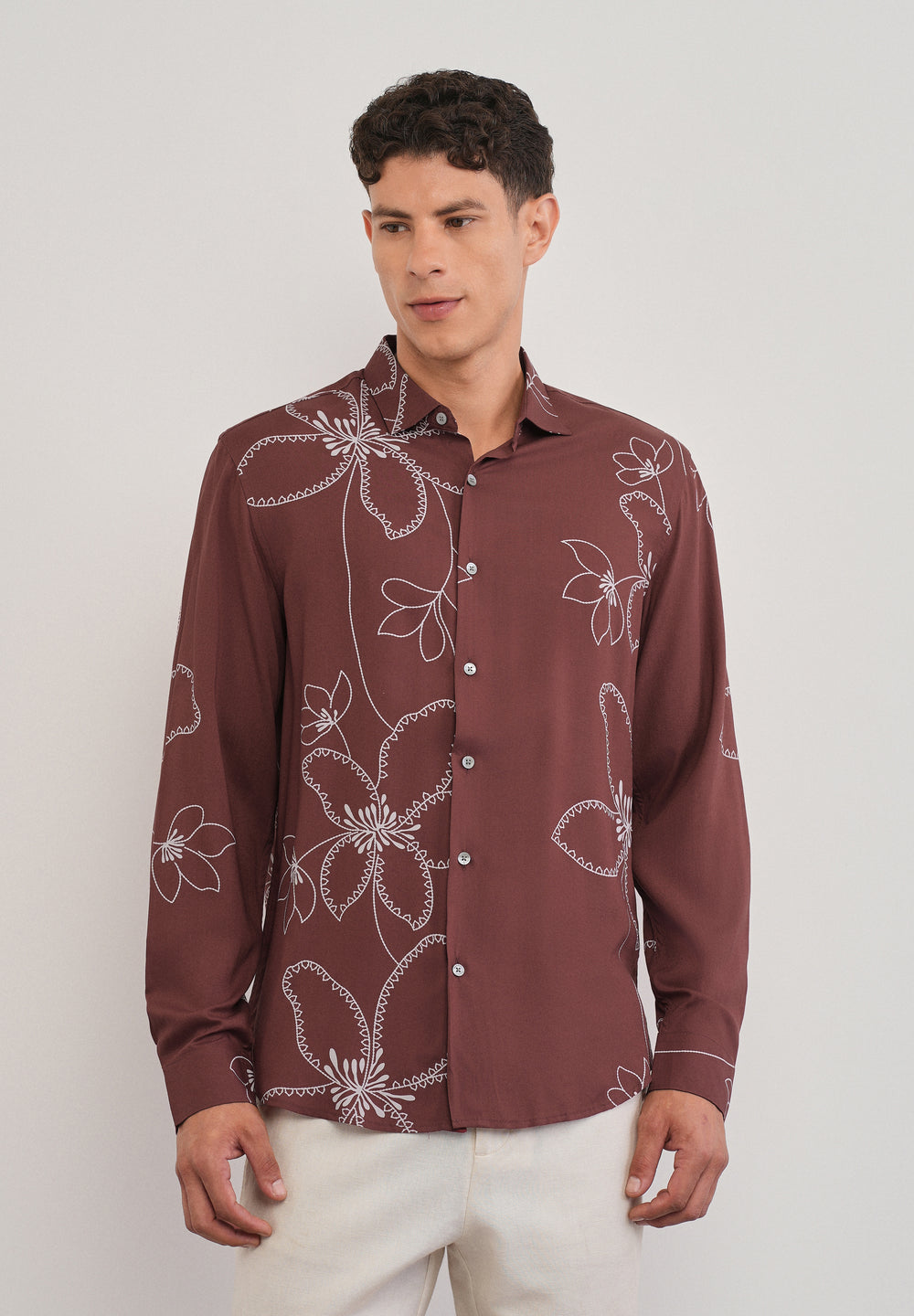 Burnt Umber Artistic Floral Printed Shirt