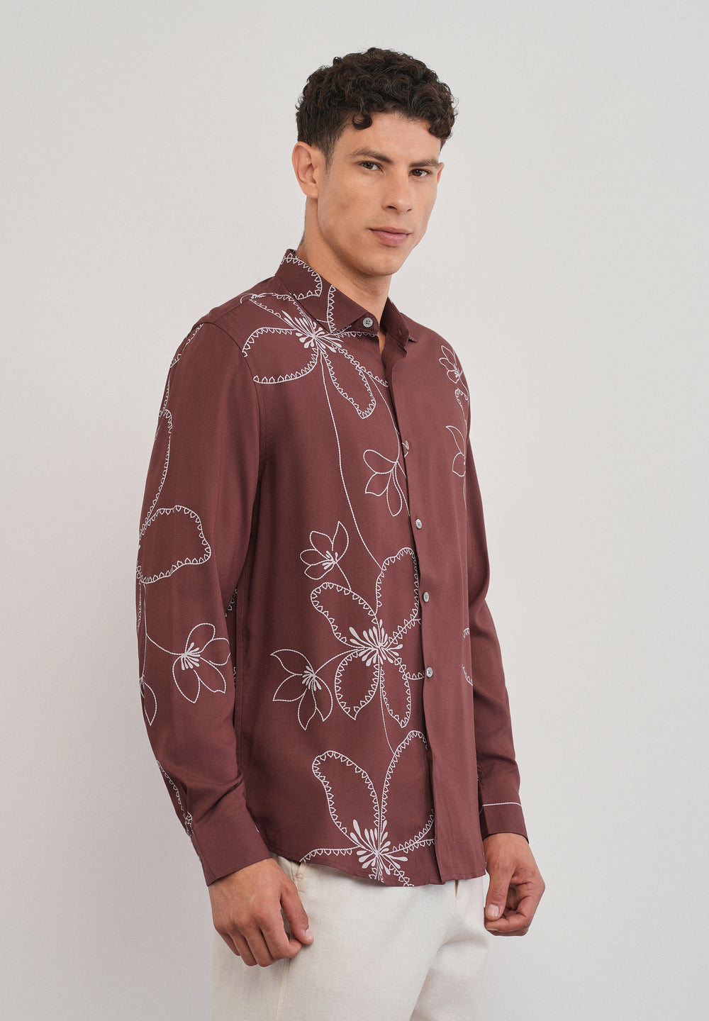 Burnt Umber Artistic Floral Printed Shirt