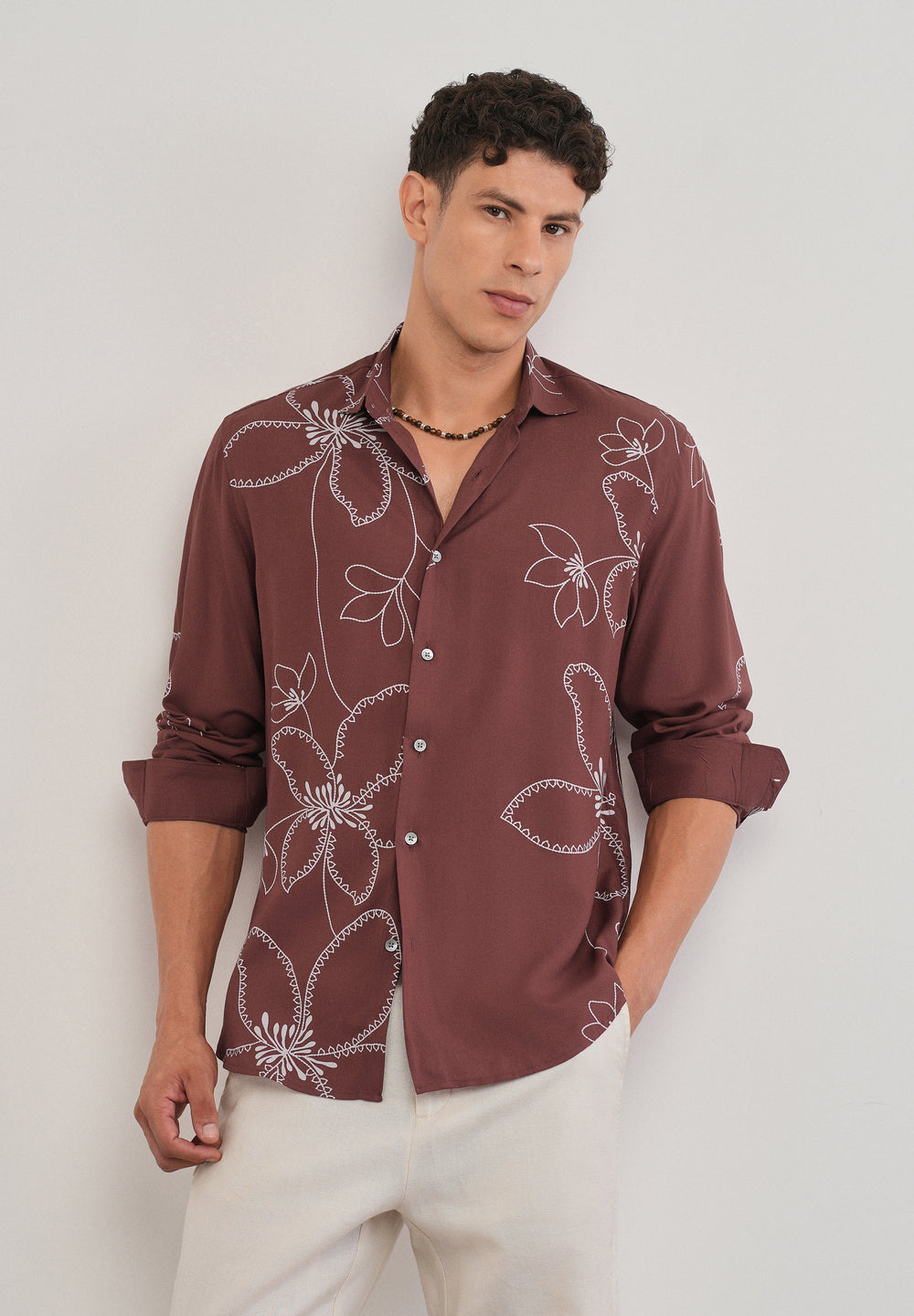 Burnt Umber Artistic Floral Printed Shirt