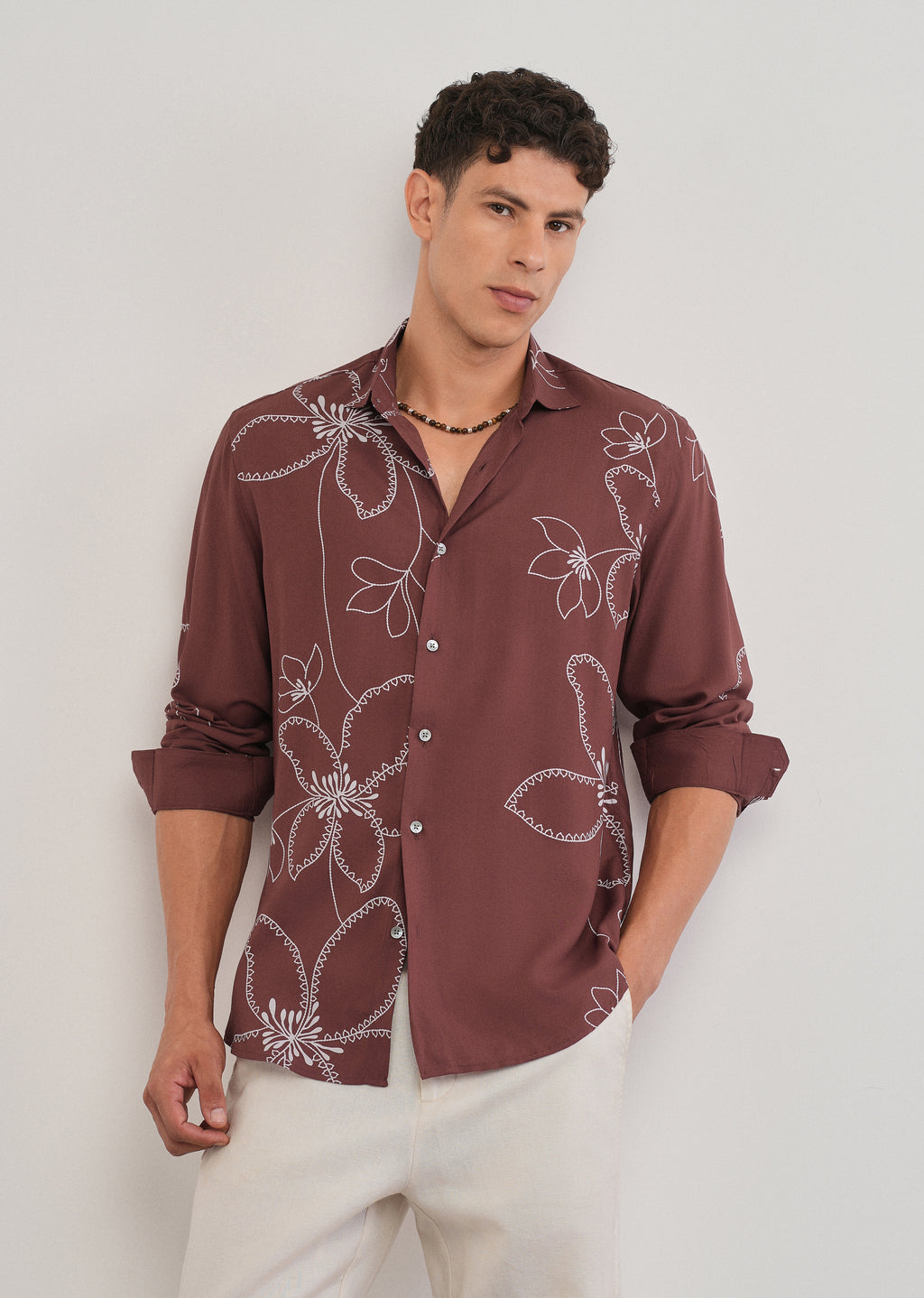 Burnt Umber Artistic Floral Printed Shirt